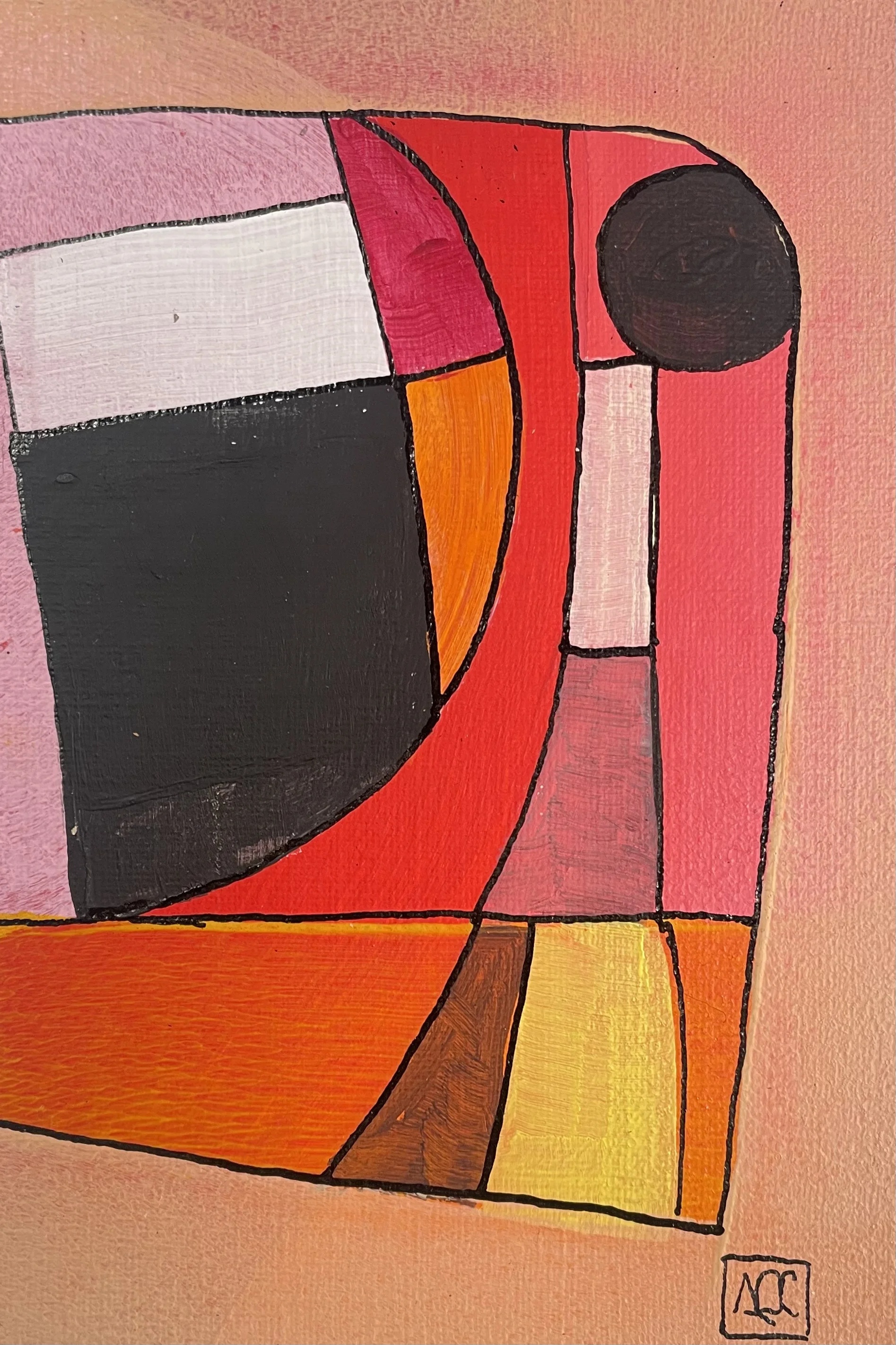 C Major - Variations 13 by Arnaud Quercy at Art Quam Anima — Acrylic Painting on Paper, Geometric acrylic composition: red-orange and orange forms with dark gray areas and yellow accents in outlined sections