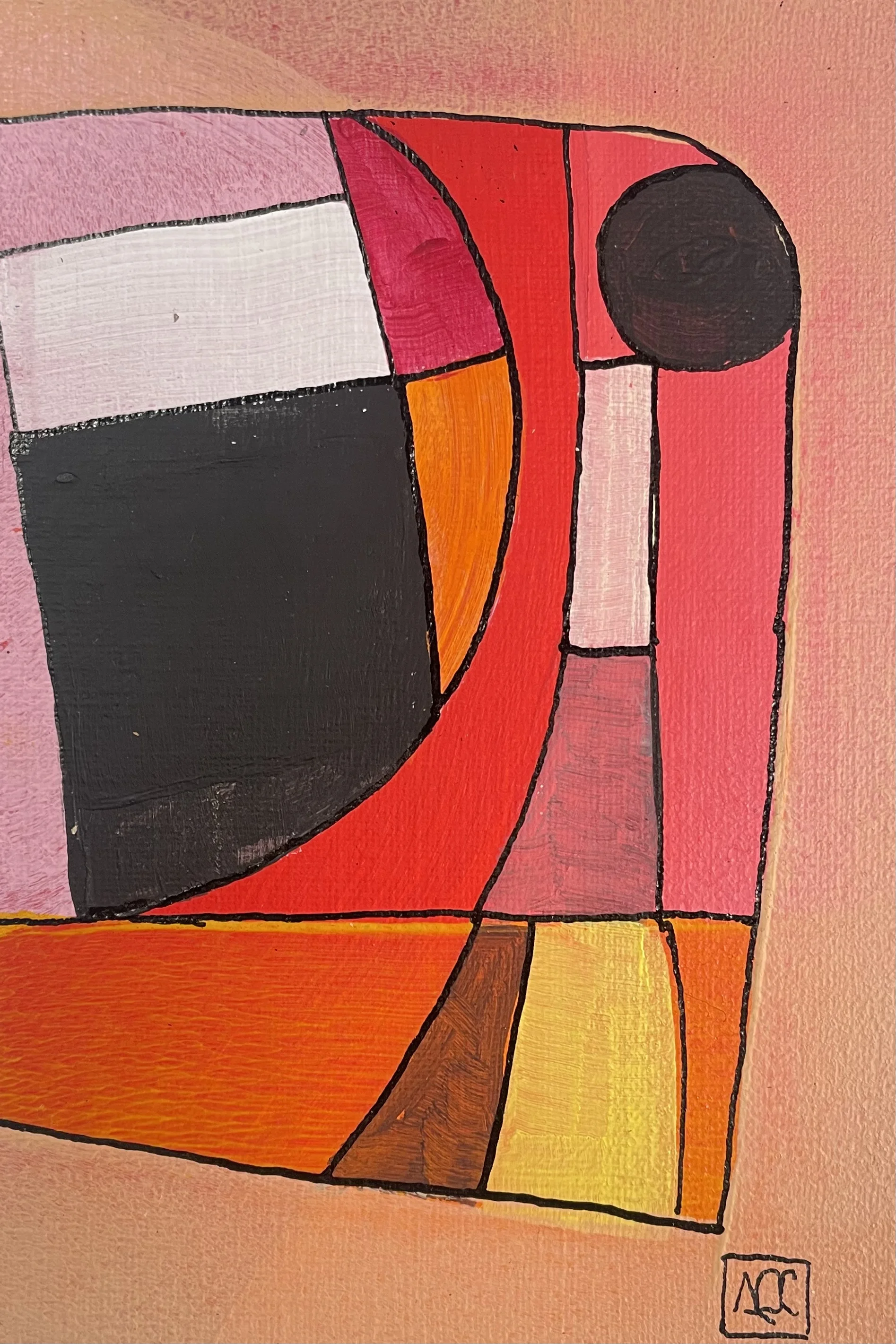 Geometric acrylic composition: red-orange and orange forms with dark gray areas and yellow accents in outlined sections