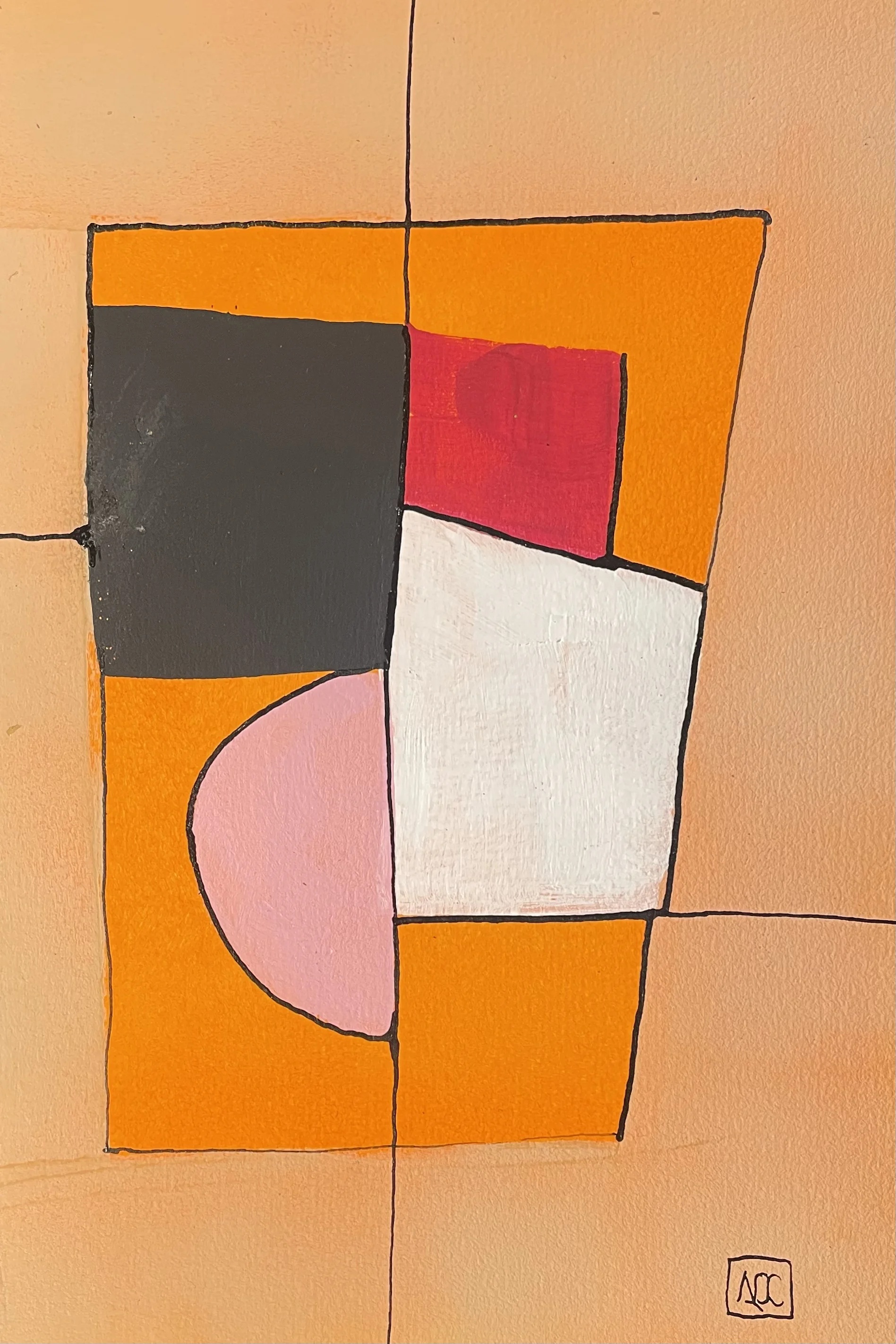 Do Majeur - Variations 14 par Arnaud Quercy chez Art Quam Anima — peinture acrylique sur papier, Peinture acrylique avec tons orange dominants, zones saumon et burlywood, accents jaunes traduisant l'accord de Do Majeur