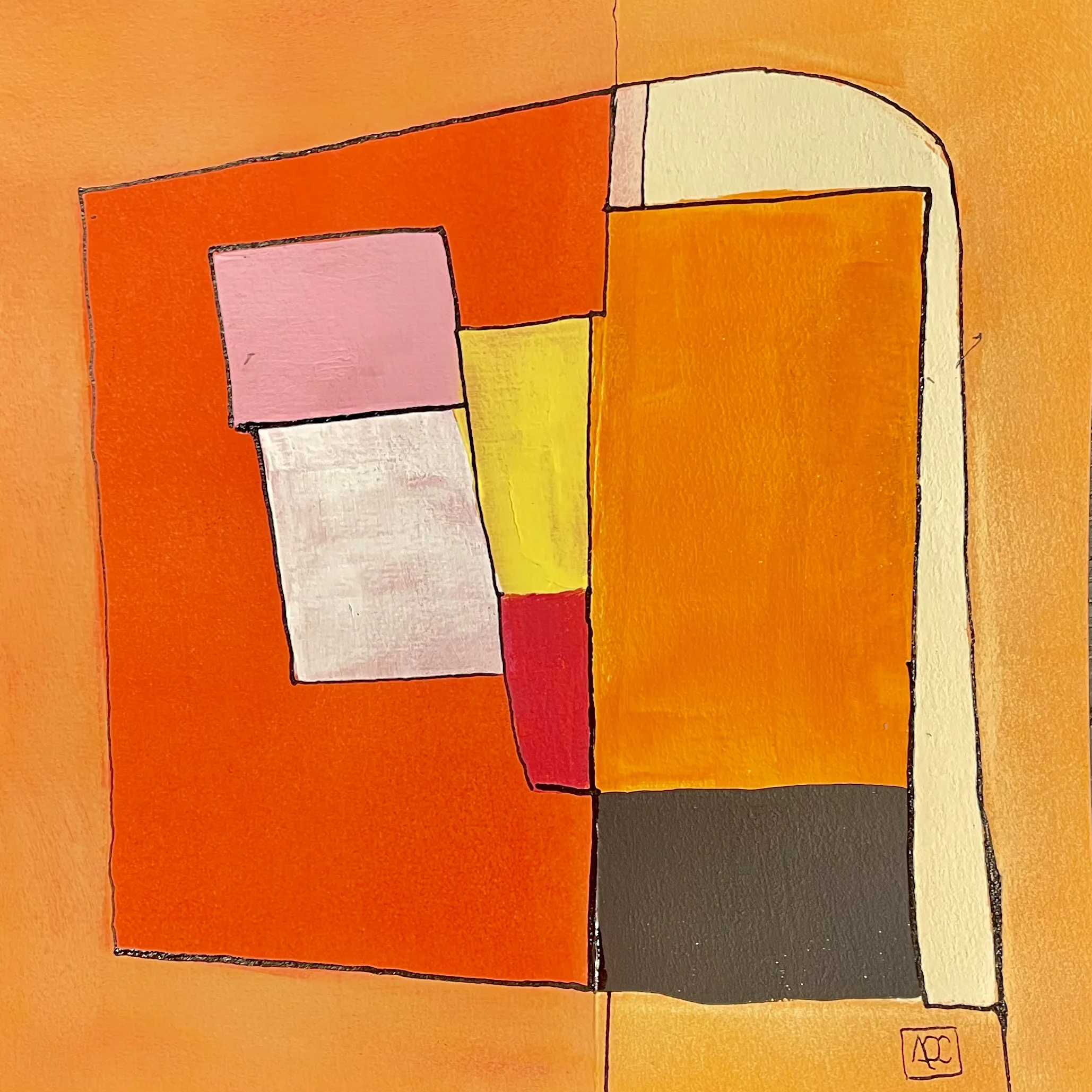 Square acrylic painting with orange geometric forms, yellow-orange areas, and bright yellow accent in abstract composition