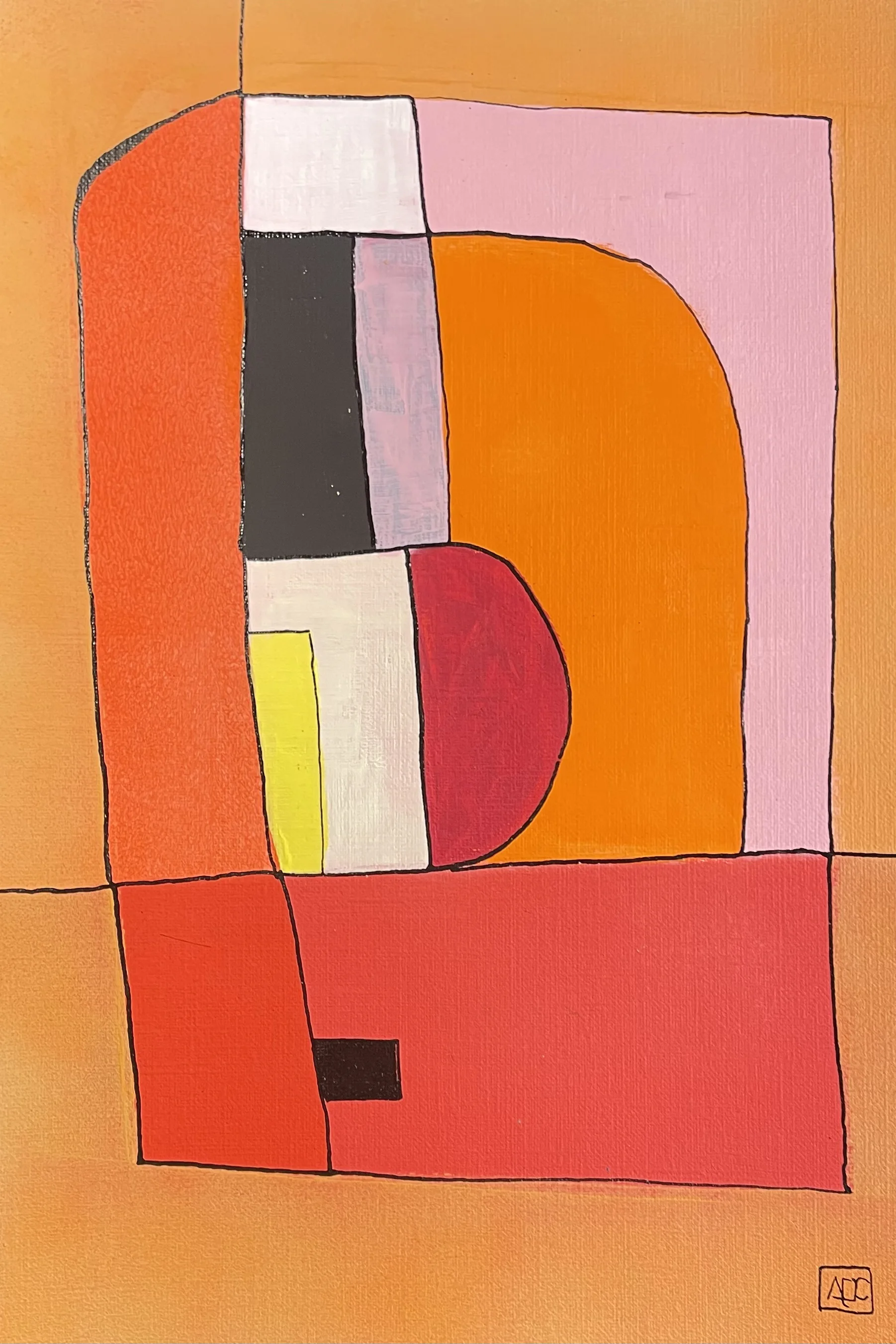 Geometric acrylic painting: orange and red-orange forms with yellow accent in angular composition on paper