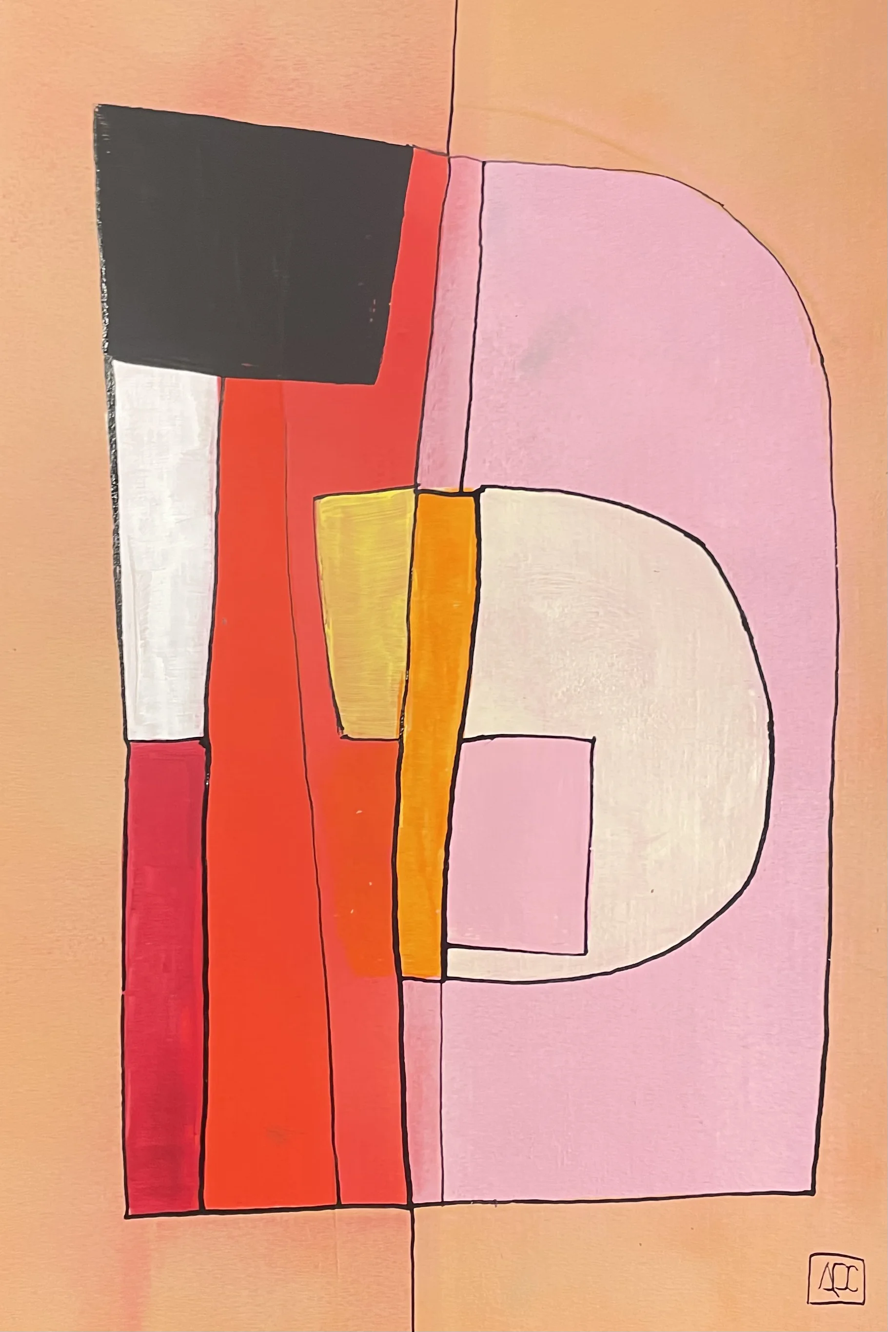 Acrylic painting with geometric forms: orange dominates, pink upper areas, red-orange accents, dark gray anchor