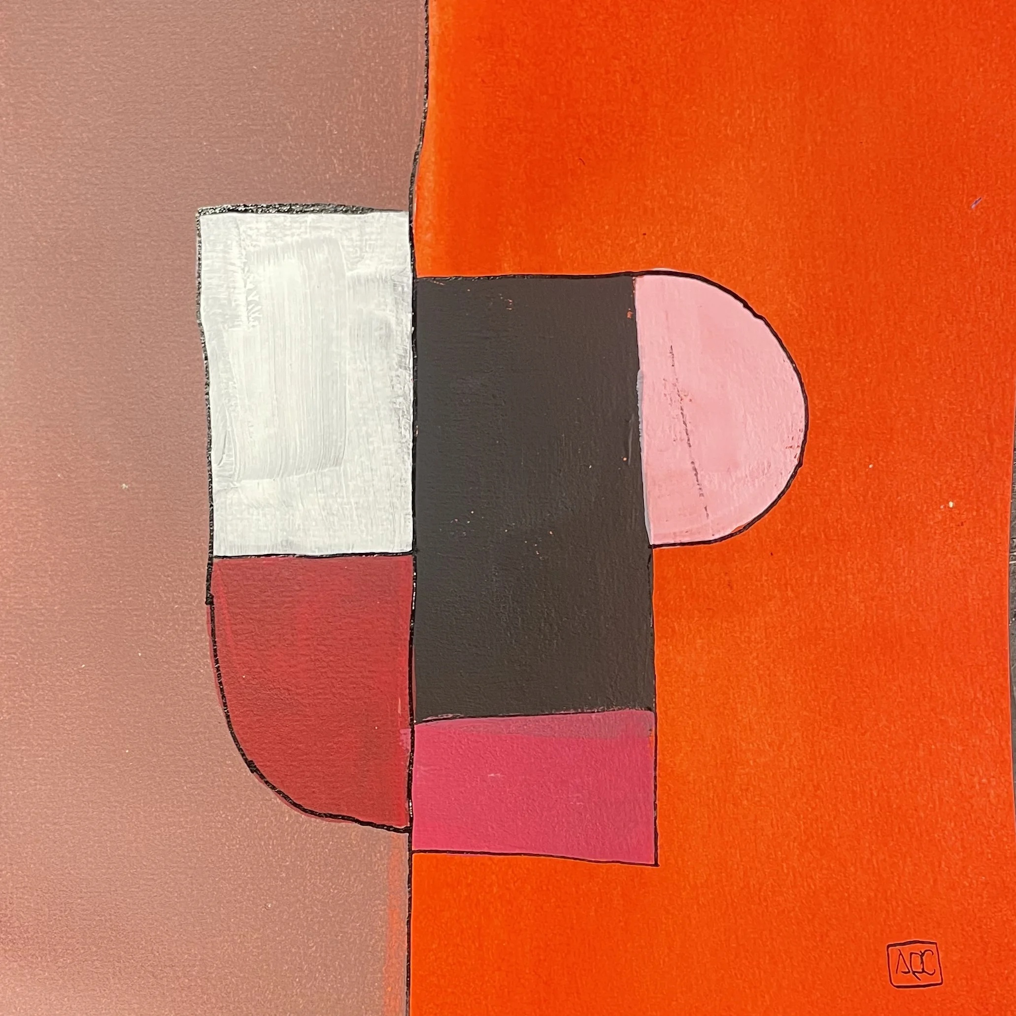 C Major - Variations 19 by Arnaud Quercy at Art Quam Anima — Acrylic Painting on Paper, Square acrylic painting with orange-red, brown, white, dark, and pink geometric blocks on paper