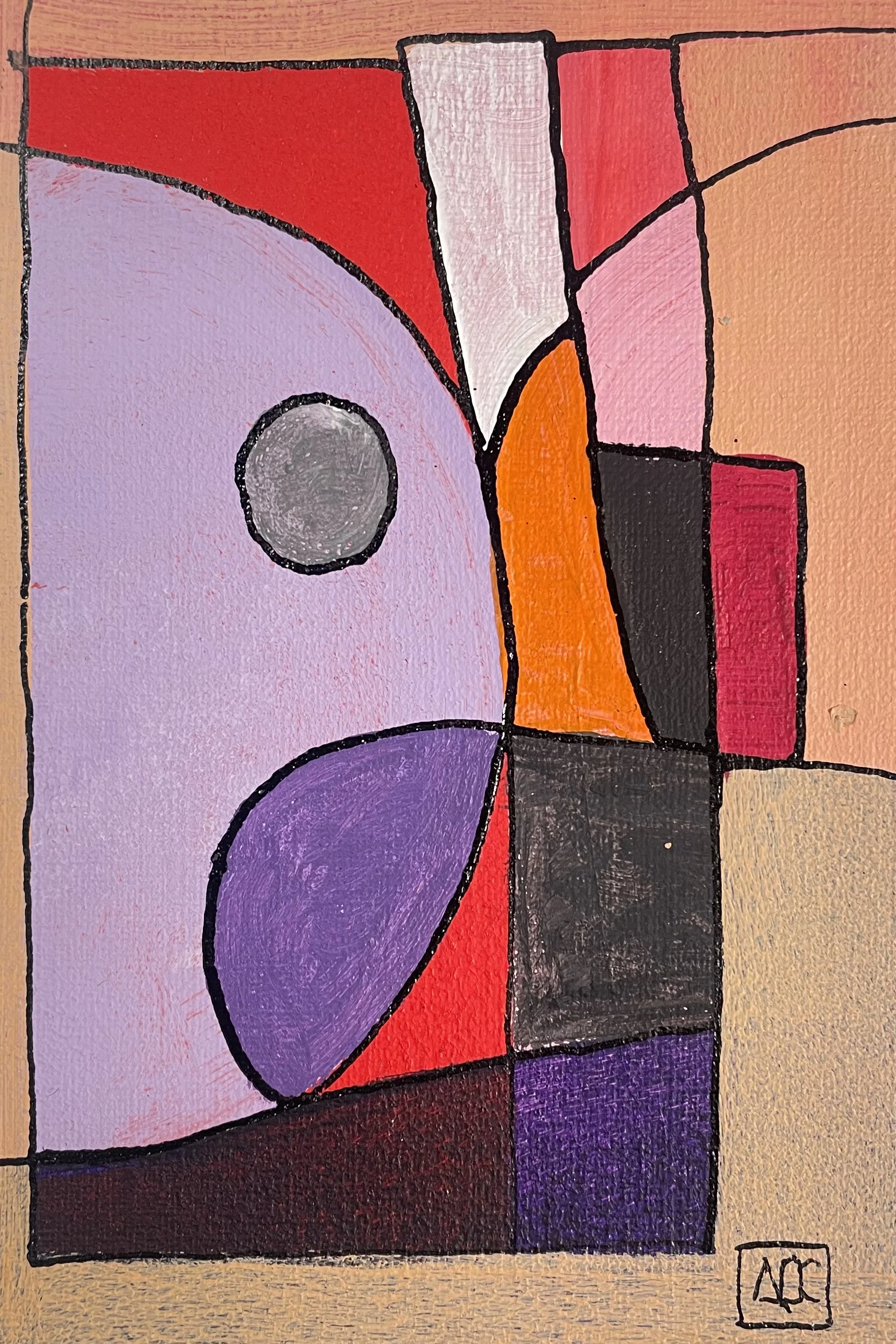 Geometric acrylic painting: red-violet, orange, and red forms arranged in angular composition with black linear divisions