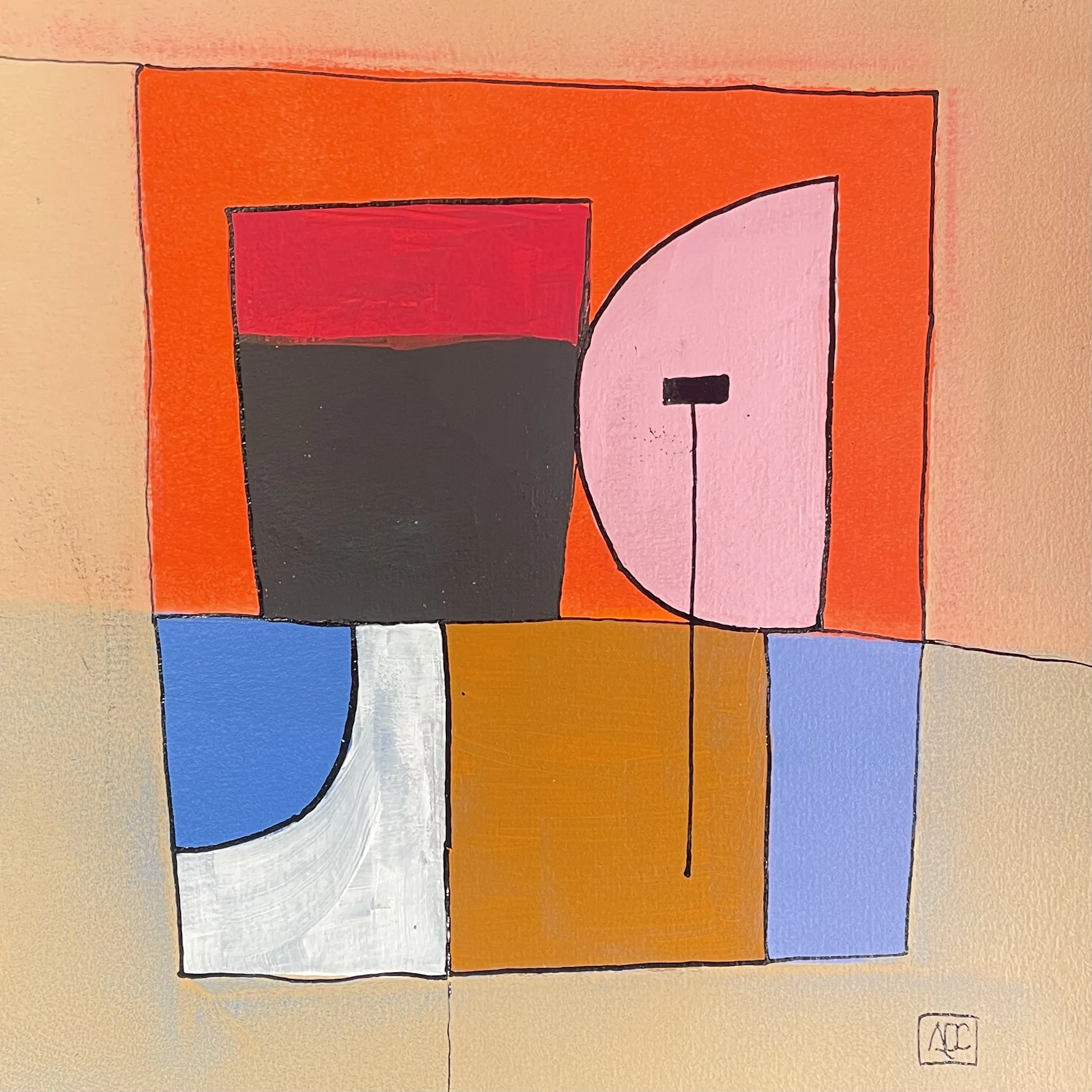 Geometric acrylic painting: orange, red-orange sections with blue-violet accents in structured composition