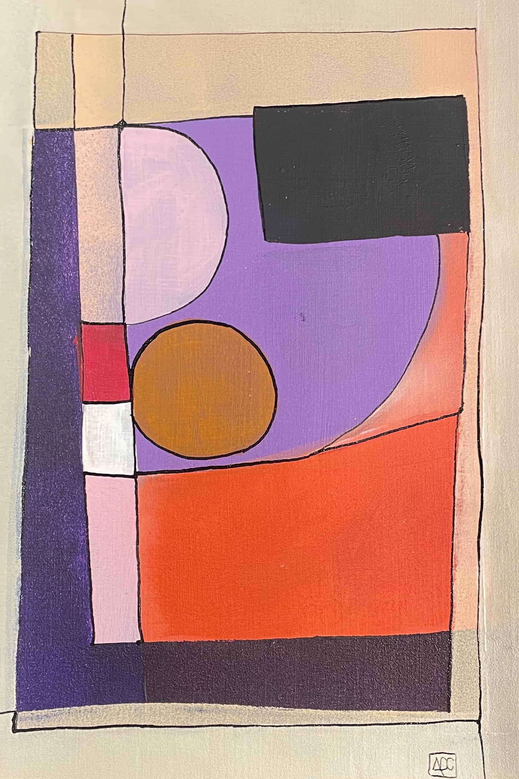 C Minor - Variations 14 by Arnaud Quercy at Art Quam Anima — Acrylic Painting on Paper, Acrylic painting with orange, violet, and red geometric shapes translating C minor chord