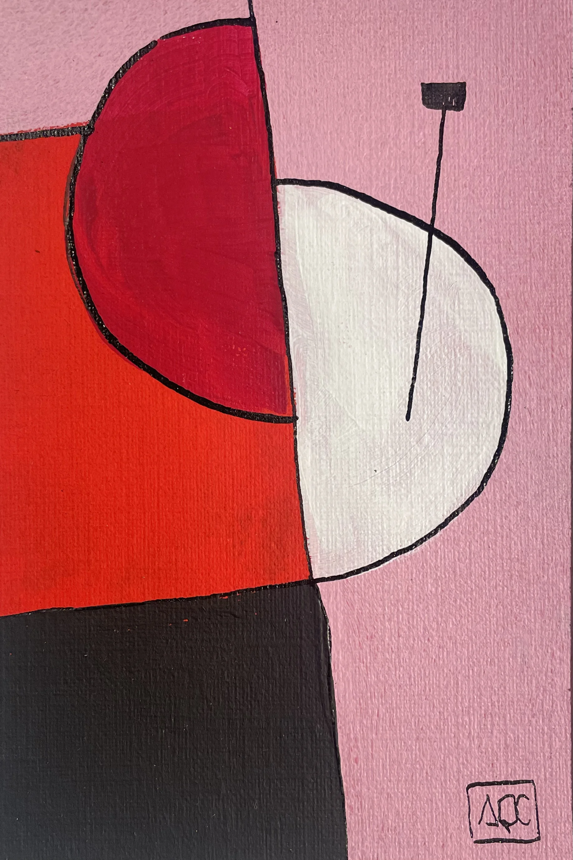 Peinture acrylique : formes géométriques rouges et courbes blanches sur fond rose avec accents sombres