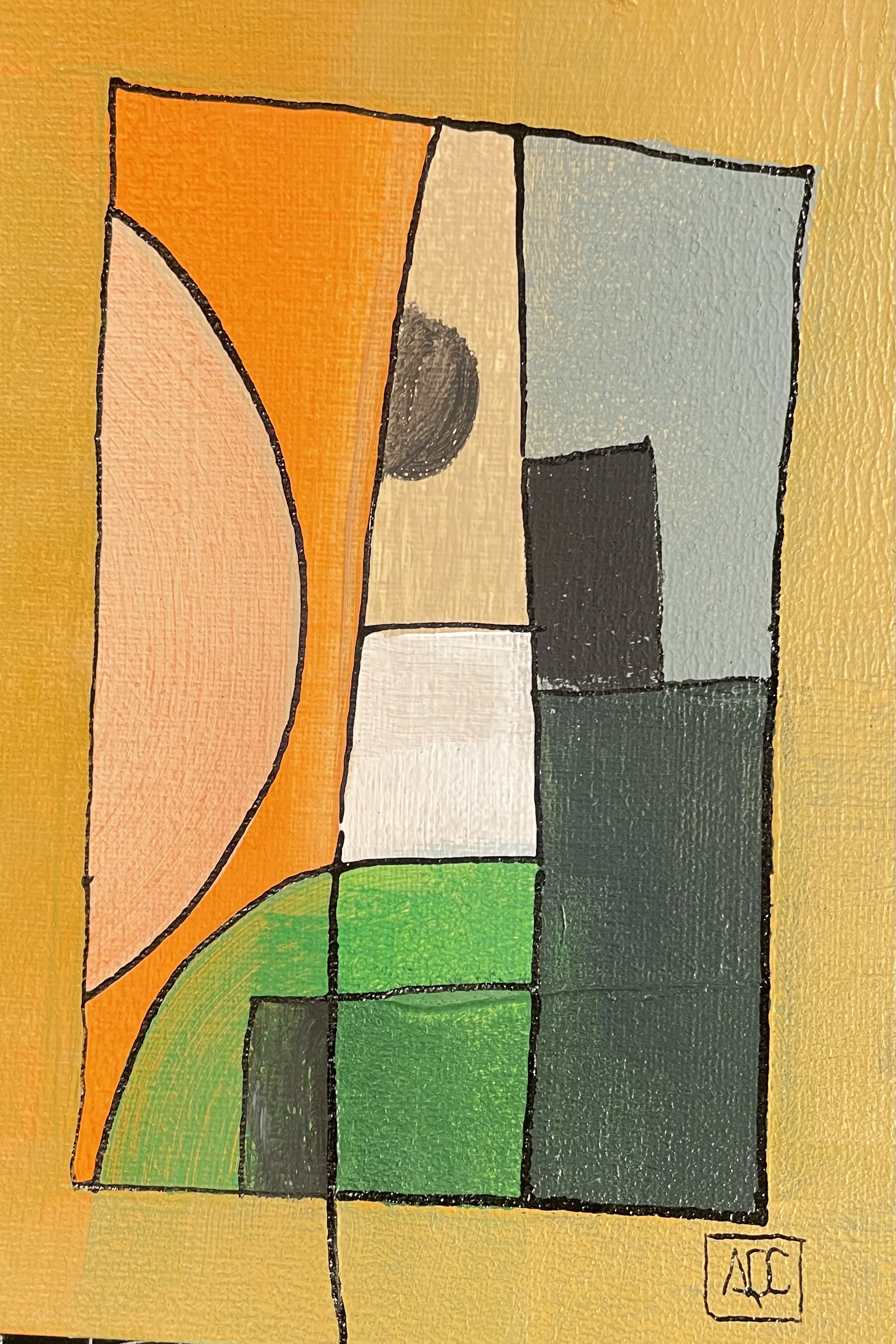 Acrylic geometric composition: yellow-orange and green forms in rectangular arrangement with orange accents