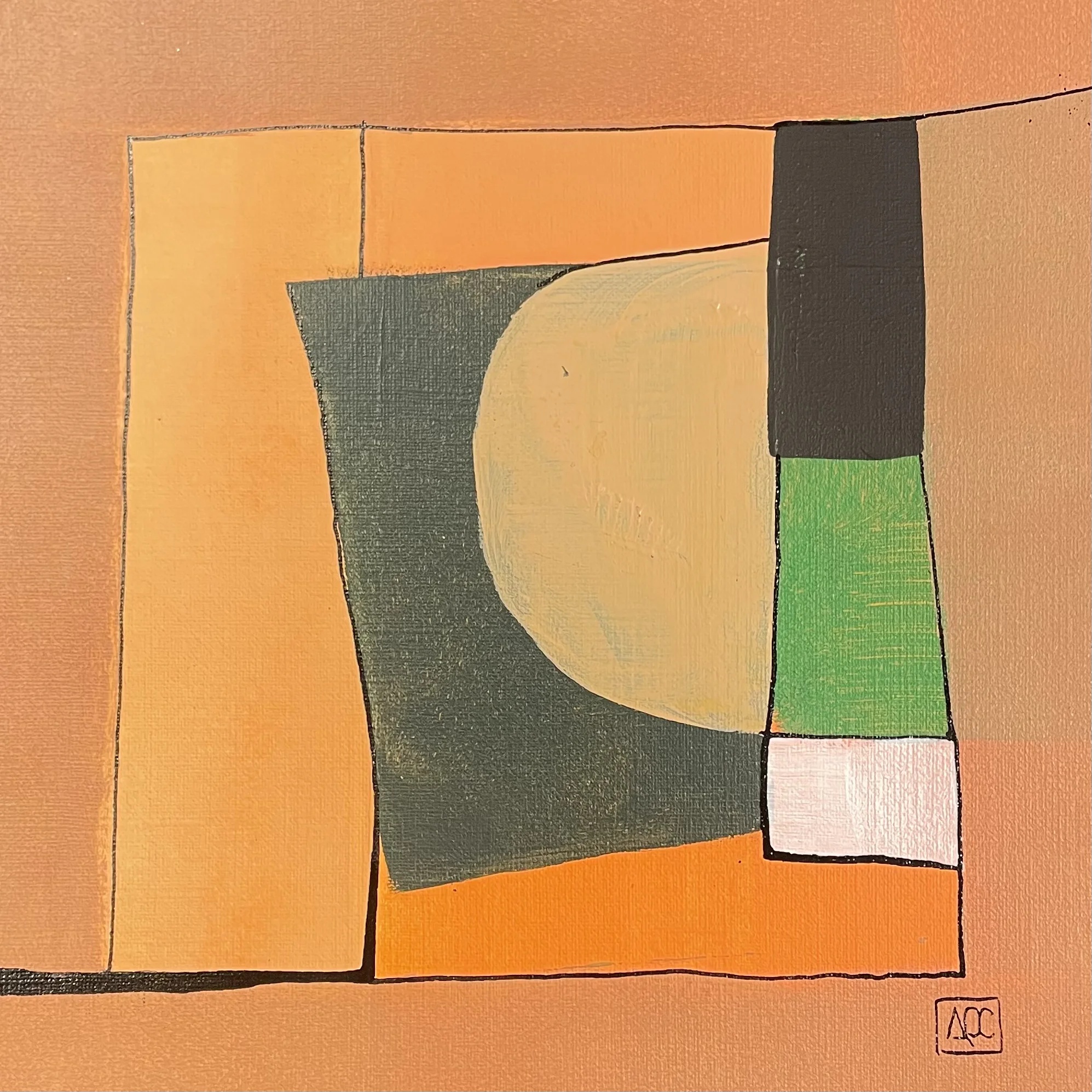 D Major - Variations 15 by Arnaud Quercy at Art Quam Anima — Acrylic Painting on Paper, Geometric acrylic painting: orange squares and curves with yellow-green accent, brown base, small red and pale accents