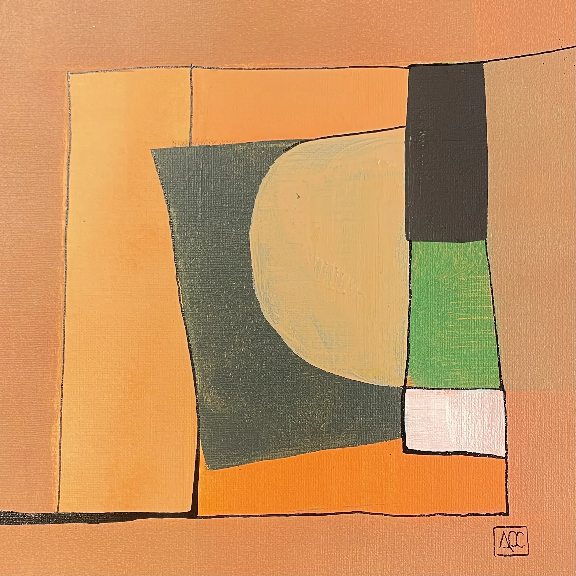 Geometric acrylic painting: orange squares and curves with yellow-green accent, brown base, small red and pale accents