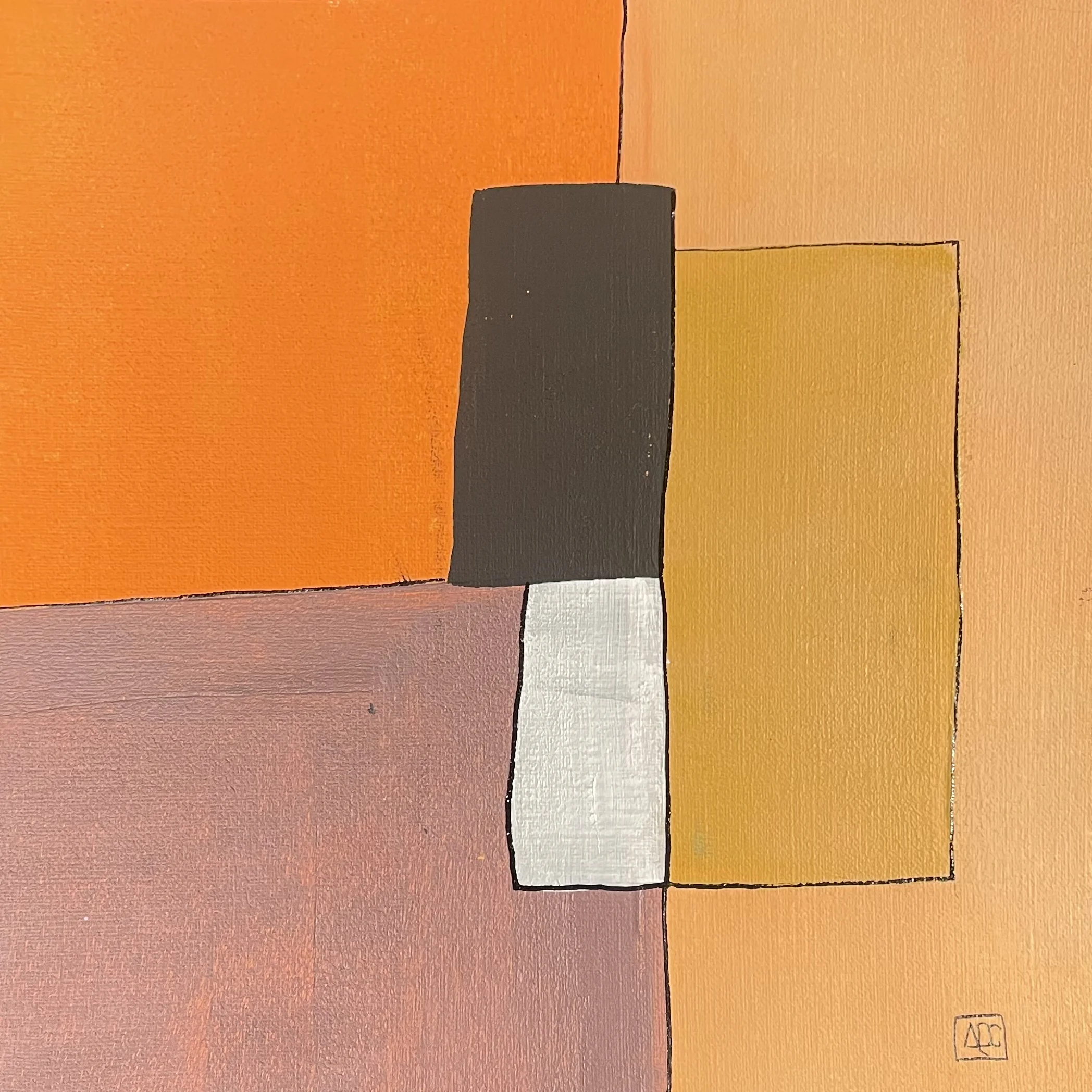 Square acrylic painting: orange geometric forms with yellow-orange and red-orange areas, small white accent