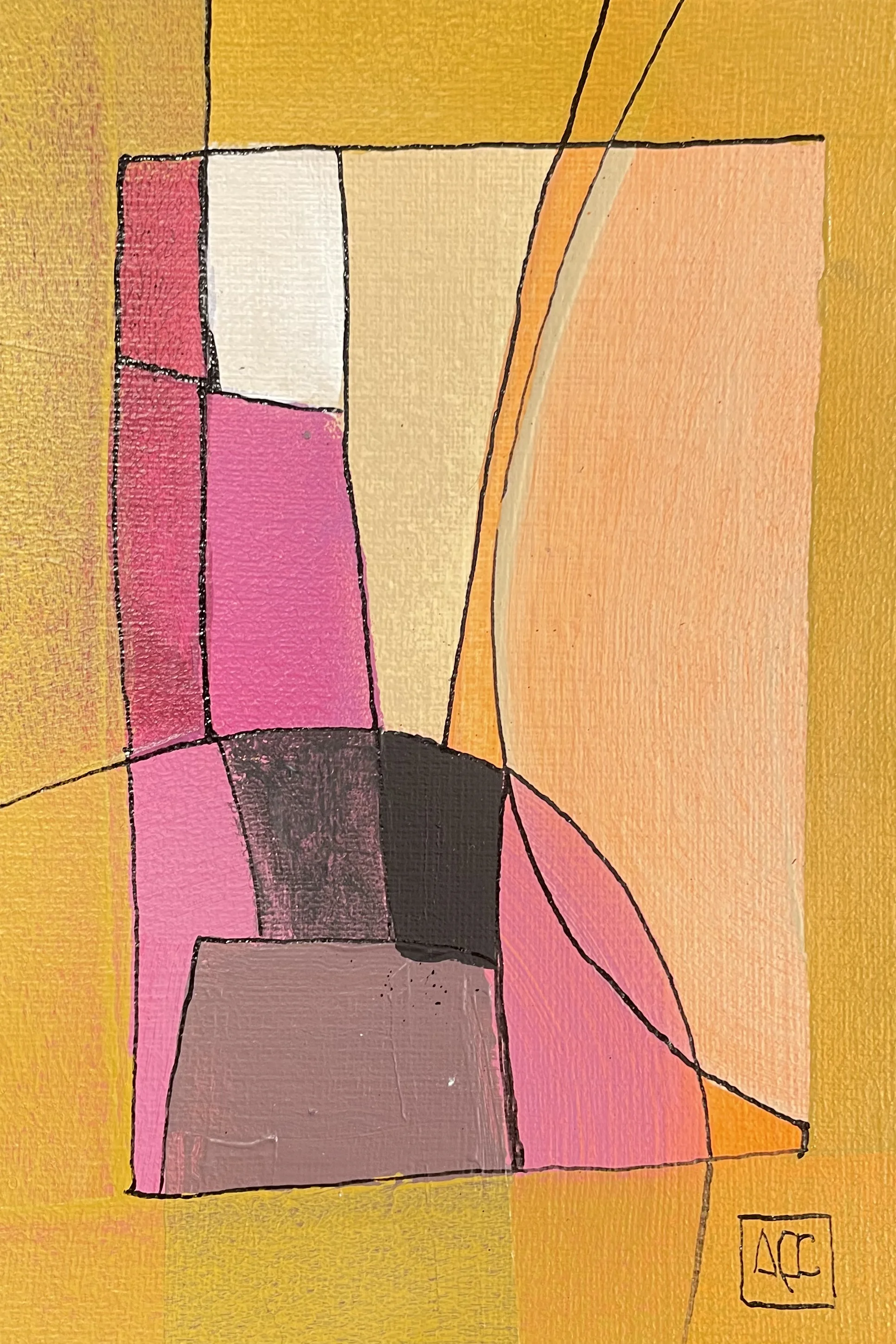 Acrylic painting with yellow-orange geometric sections, orange areas, and red accents divided by black lines