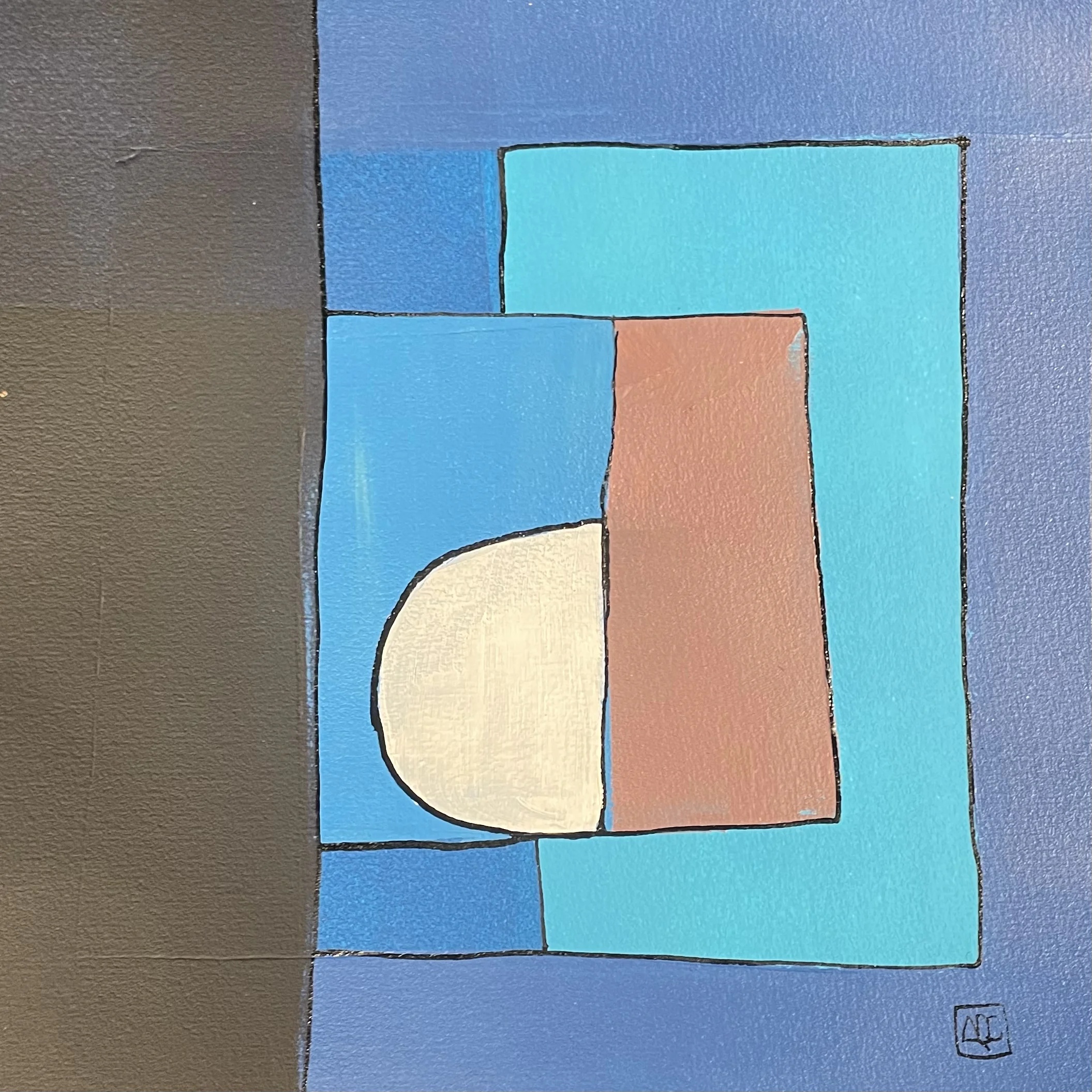 Ré bémol Majeur - Variations 13 par Arnaud Quercy chez Art Quam Anima — peinture acrylique sur papier, Peinture acrylique carrée avec des sections géométriques bleu-vert, jaune-orange, et bleu-violet traduisant les tons d'accord de Ré bémol Majeur