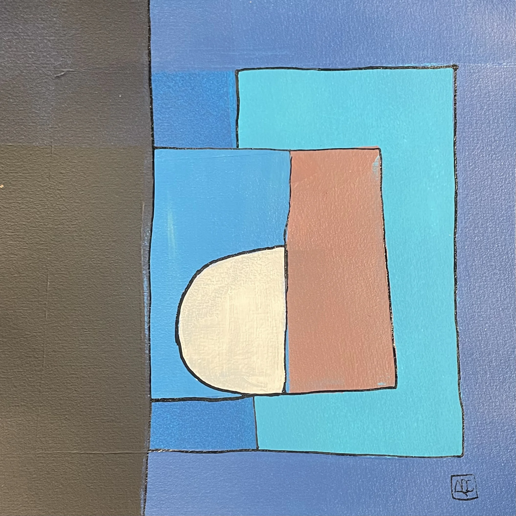 Peinture acrylique carrée avec des sections géométriques bleu-vert, jaune-orange, et bleu-violet traduisant les tons d'accord de Ré bémol Majeur