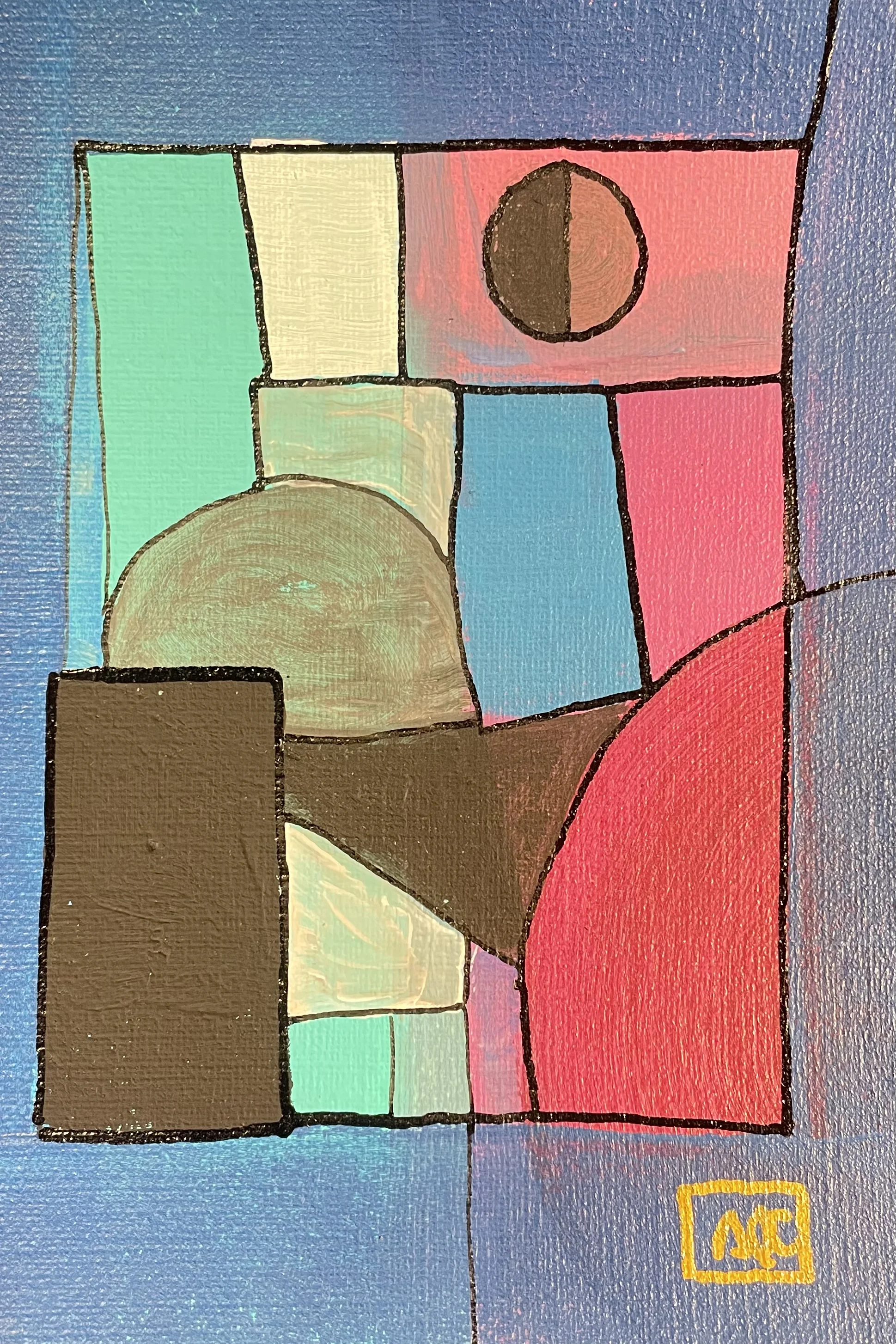 Peinture acrylique : sections géométriques en bleu-violet, orange, vert arrangées comme rectangles et cercles