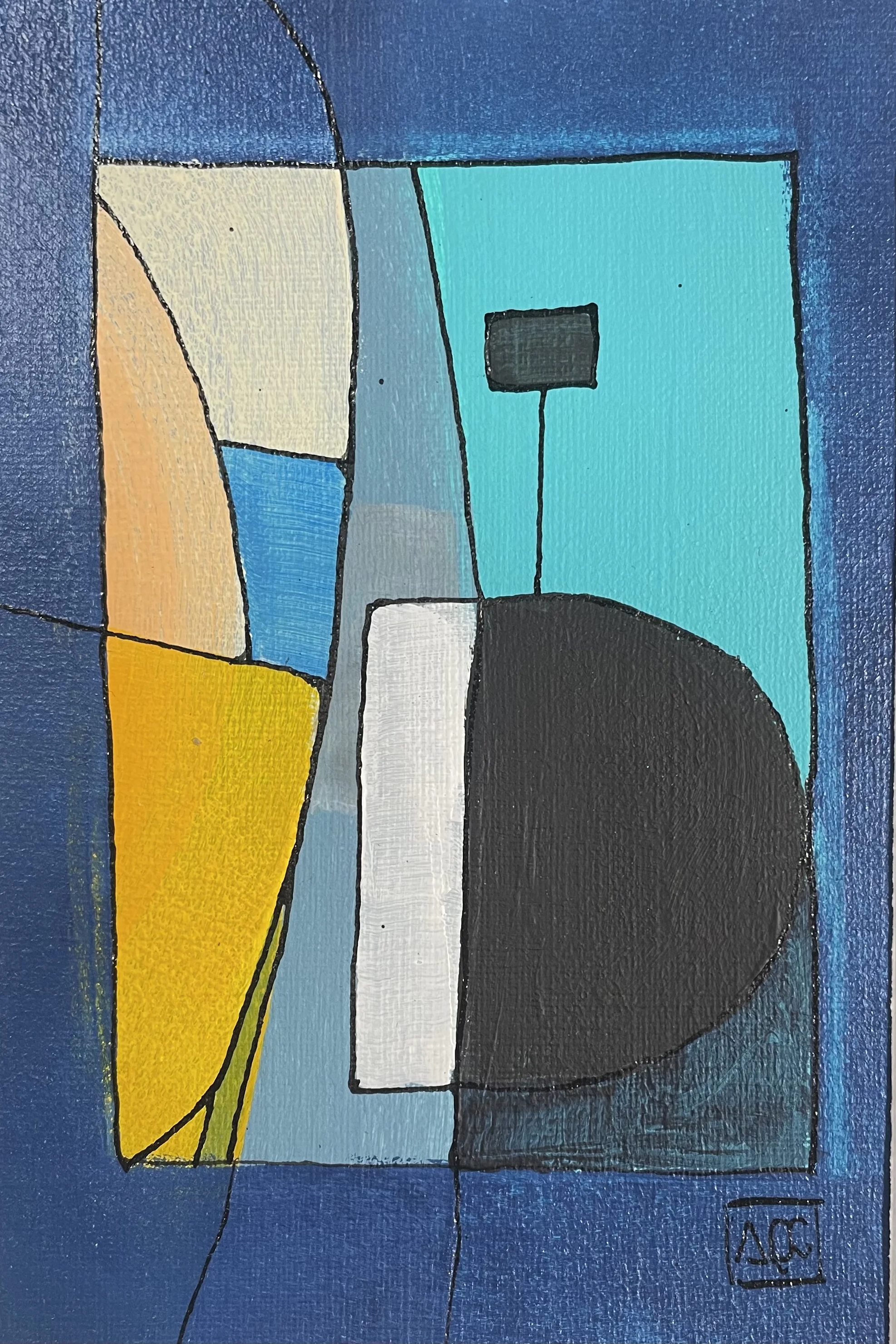 Peinture acrylique : formes géométriques en bleu-violet, bleu-vert, gris et jaune arrangées en composition angulaire