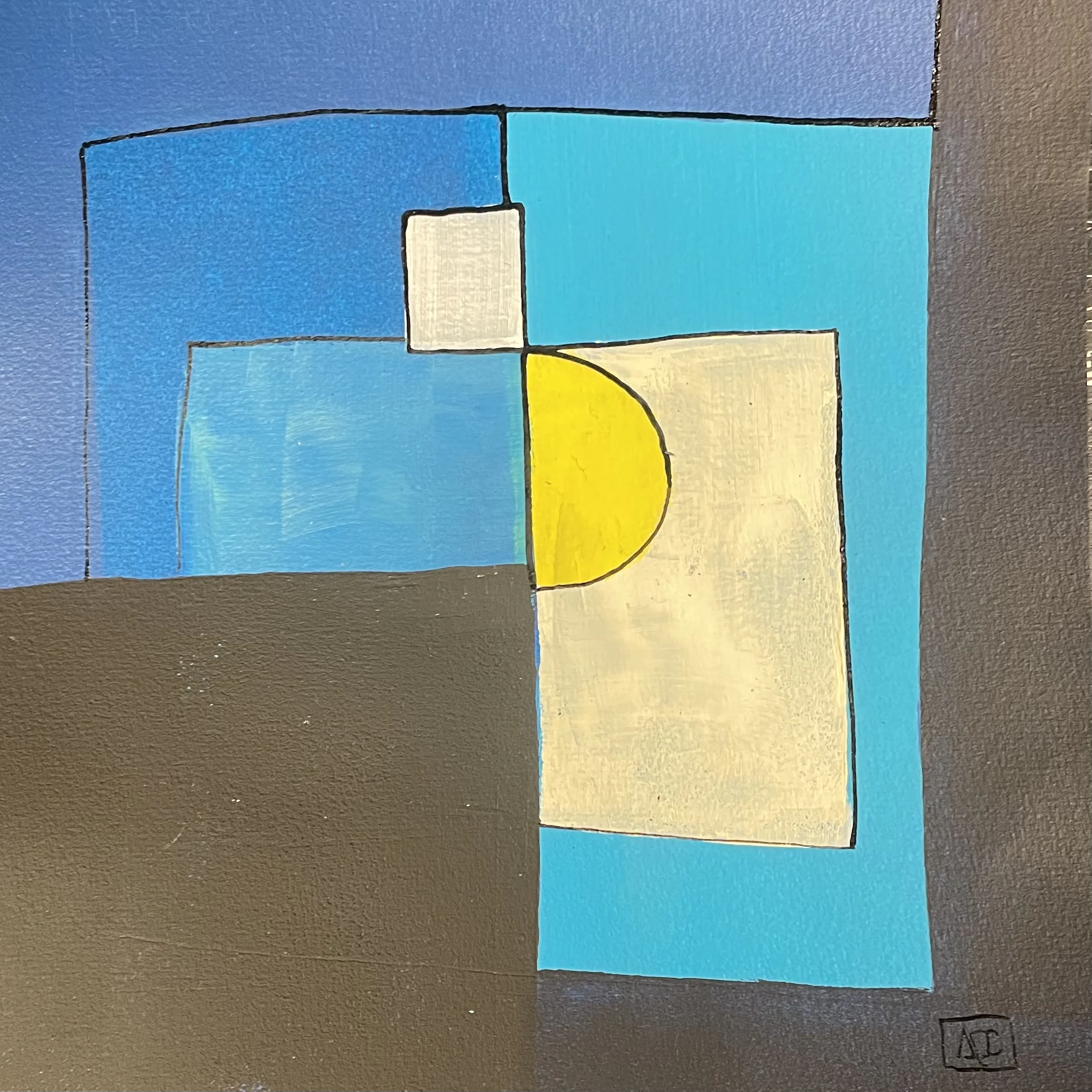 Composition acrylique géométrique : formes rectangulaires bleues et jaune-orange avec accents jaune pâle dans un arrangement structuré