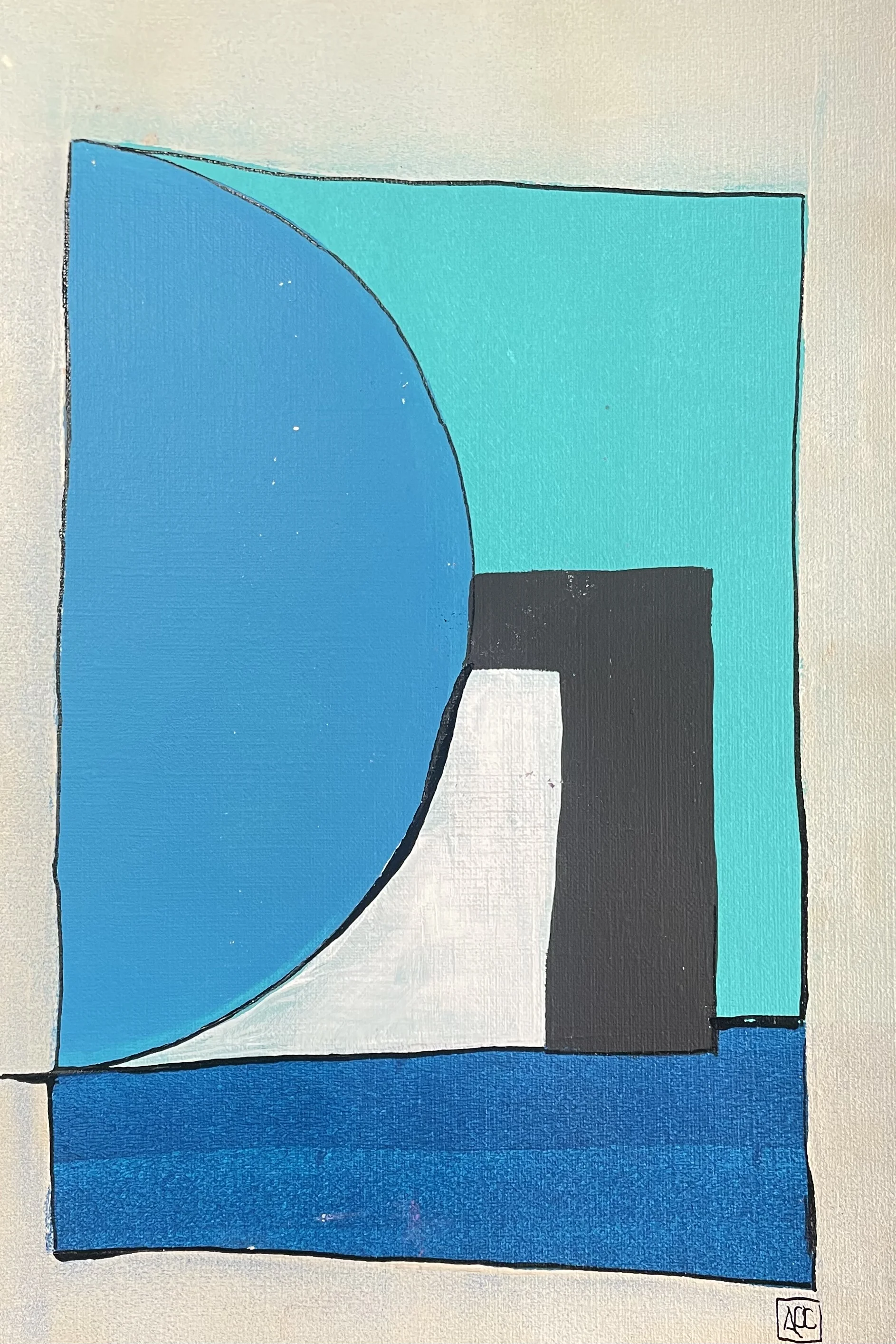 Acrylic painting with curved steel blue form, turquoise areas, vertical gray rectangle on pale background