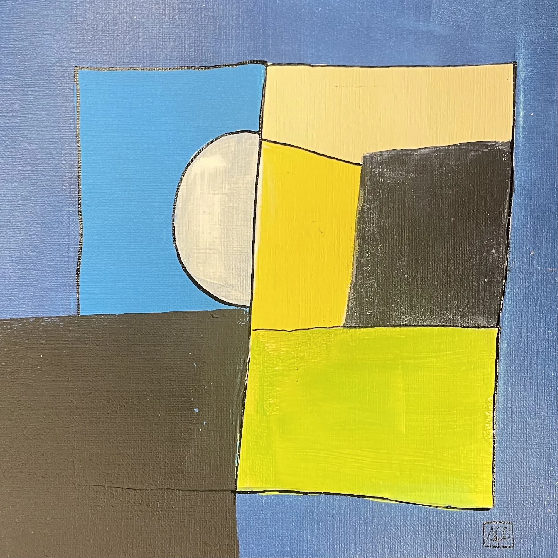 Peinture acrylique : cercle doré, rectangle bleu, carrés jaune-orange en arrangement géométrique sur fond bleu