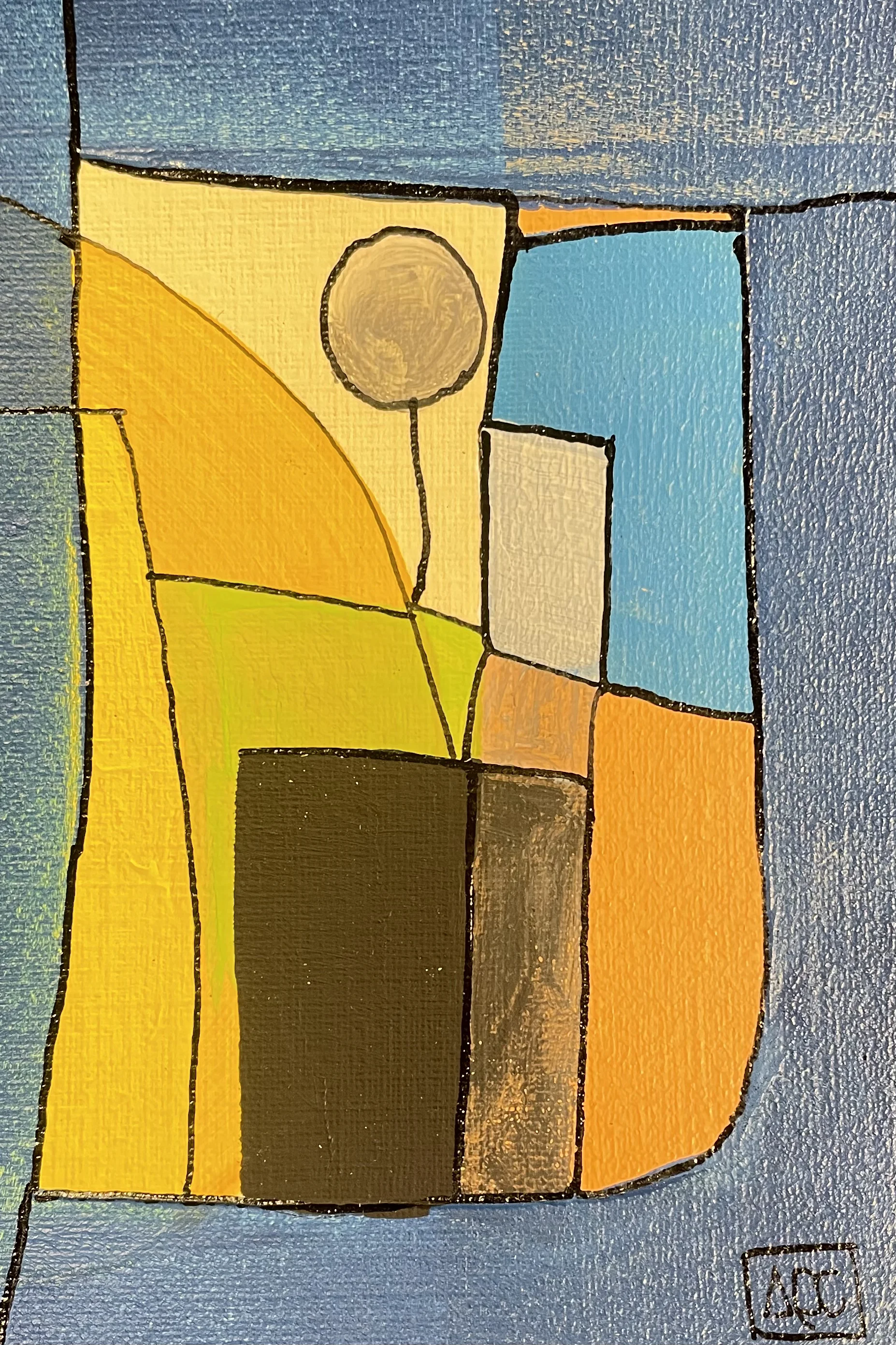 Geometric acrylic painting: golden yellow-orange and blue zones with circular form, dark brown base, light accents