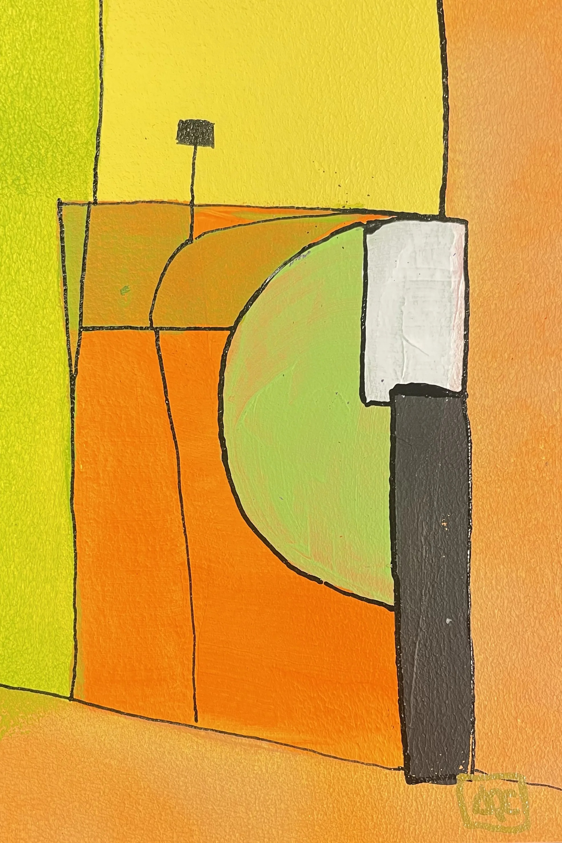 E Minor - Variations 5 by Arnaud Quercy at Art Quam Anima — Acrylic Painting on Paper, Geometric acrylic painting: orange and yellow forms with curved divisions and single yellow-green accent