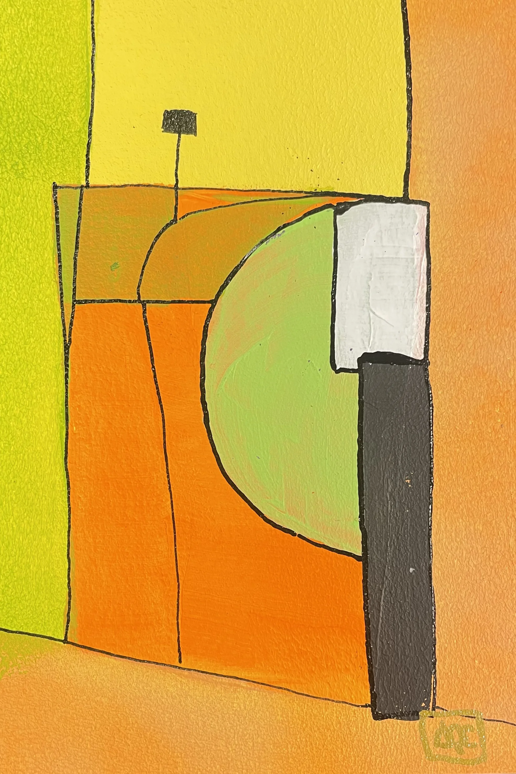 Peinture acrylique géométrique : formes orange et jaune avec divisions courbes et accent jaune-vert unique