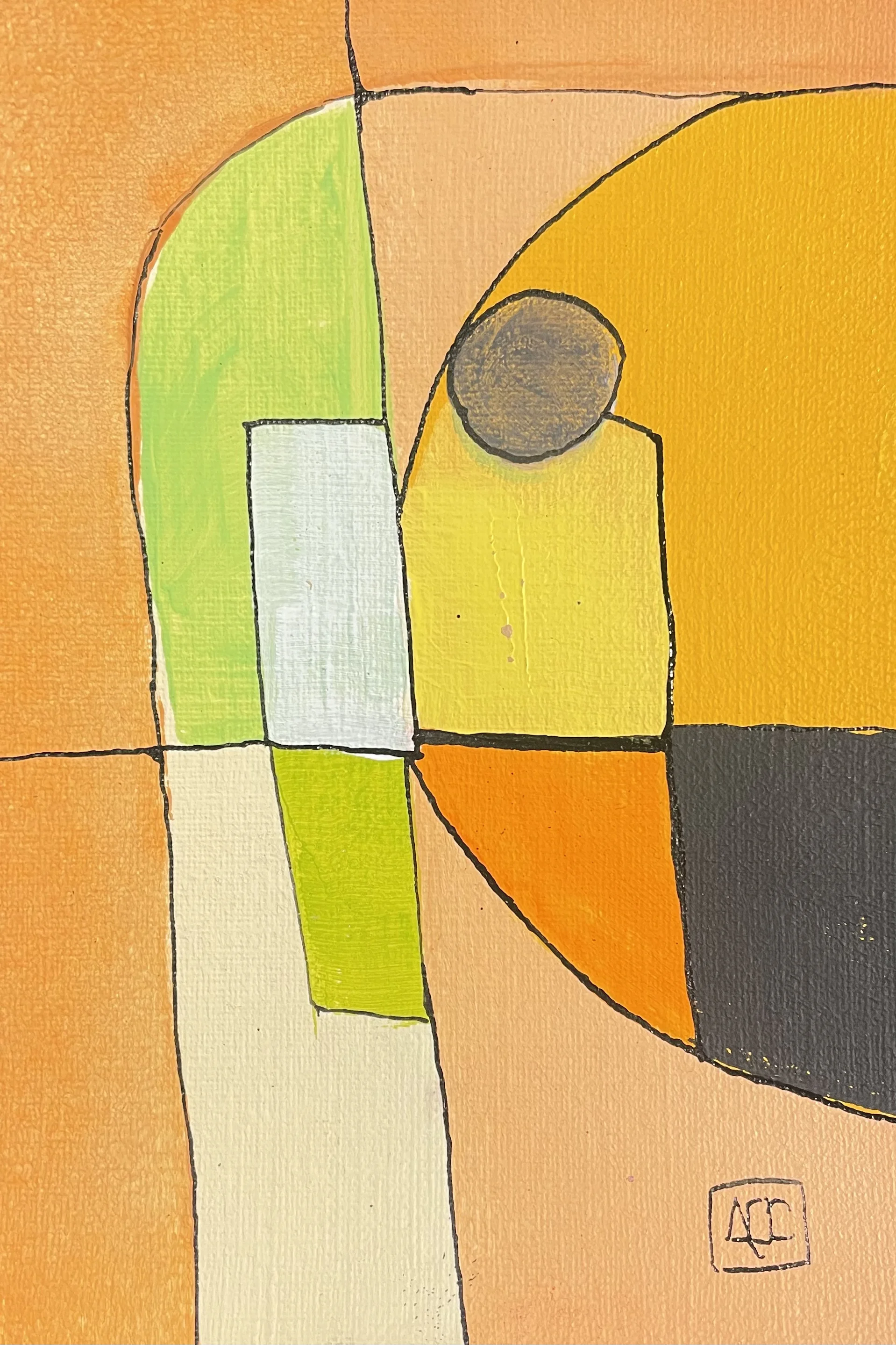 Acrylic painting with yellow-orange and orange geometric forms intersecting on paper, creating harmonic color relationships