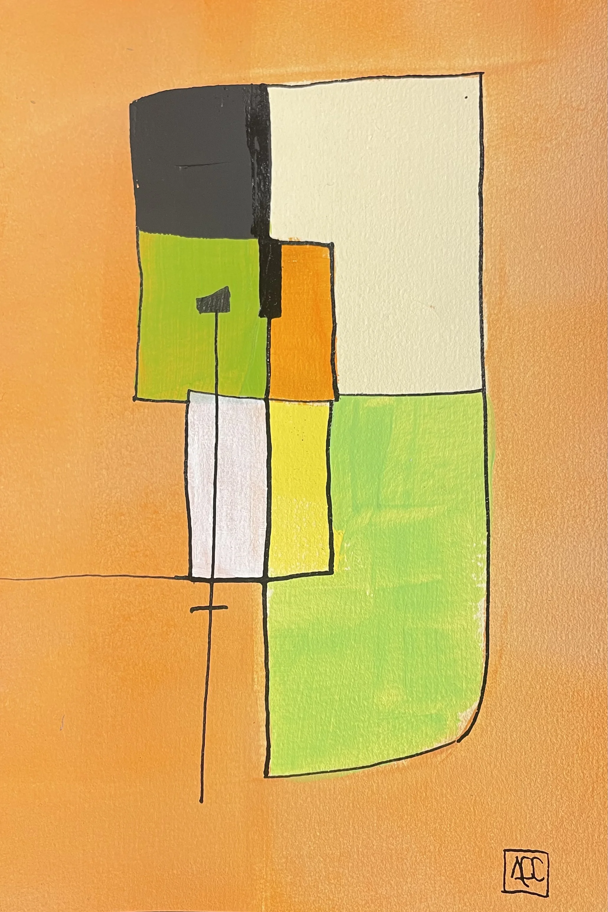Acrylic painting with geometric orange, yellow, and green rectangles arranged vertically on warm orange background