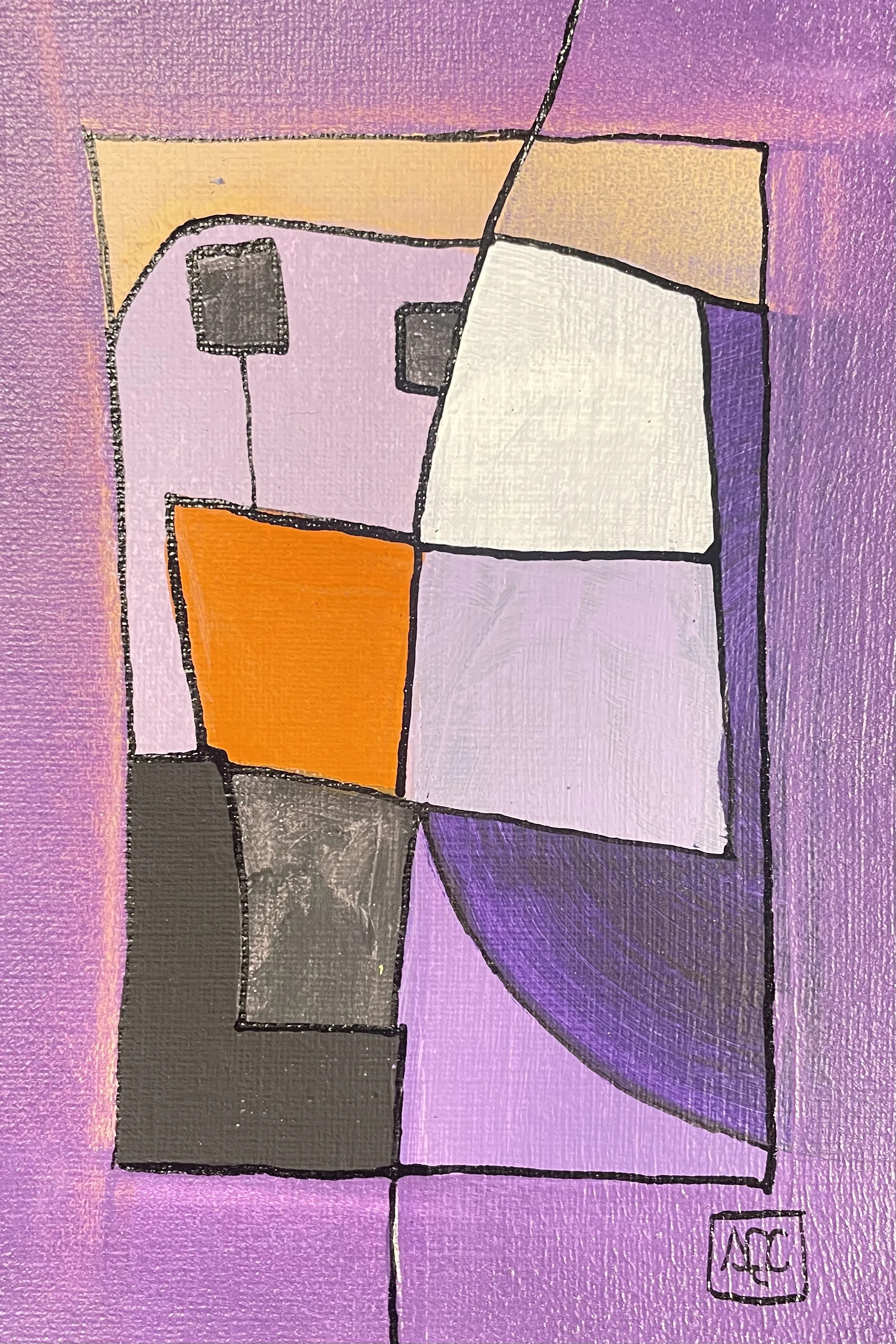 Mi bémol Majeur - Variations 5 par Arnaud Quercy chez Art Quam Anima — peinture acrylique sur papier, Composition acrylique géométrique : rectangles rouge-violet, fondation grise, accents orange dans un cadre angulaire