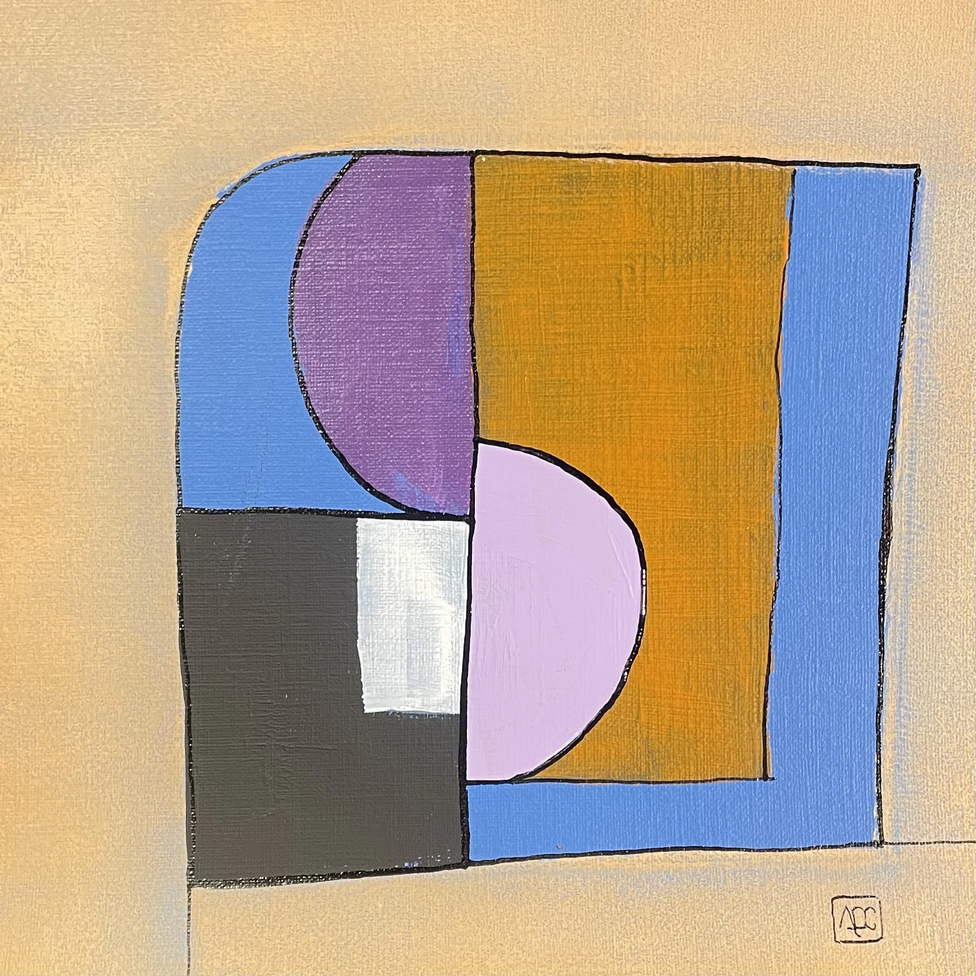 Square acrylic painting with geometric color blocks in yellow-orange, blue-violet, and gray tones arranged in harmonic relationships