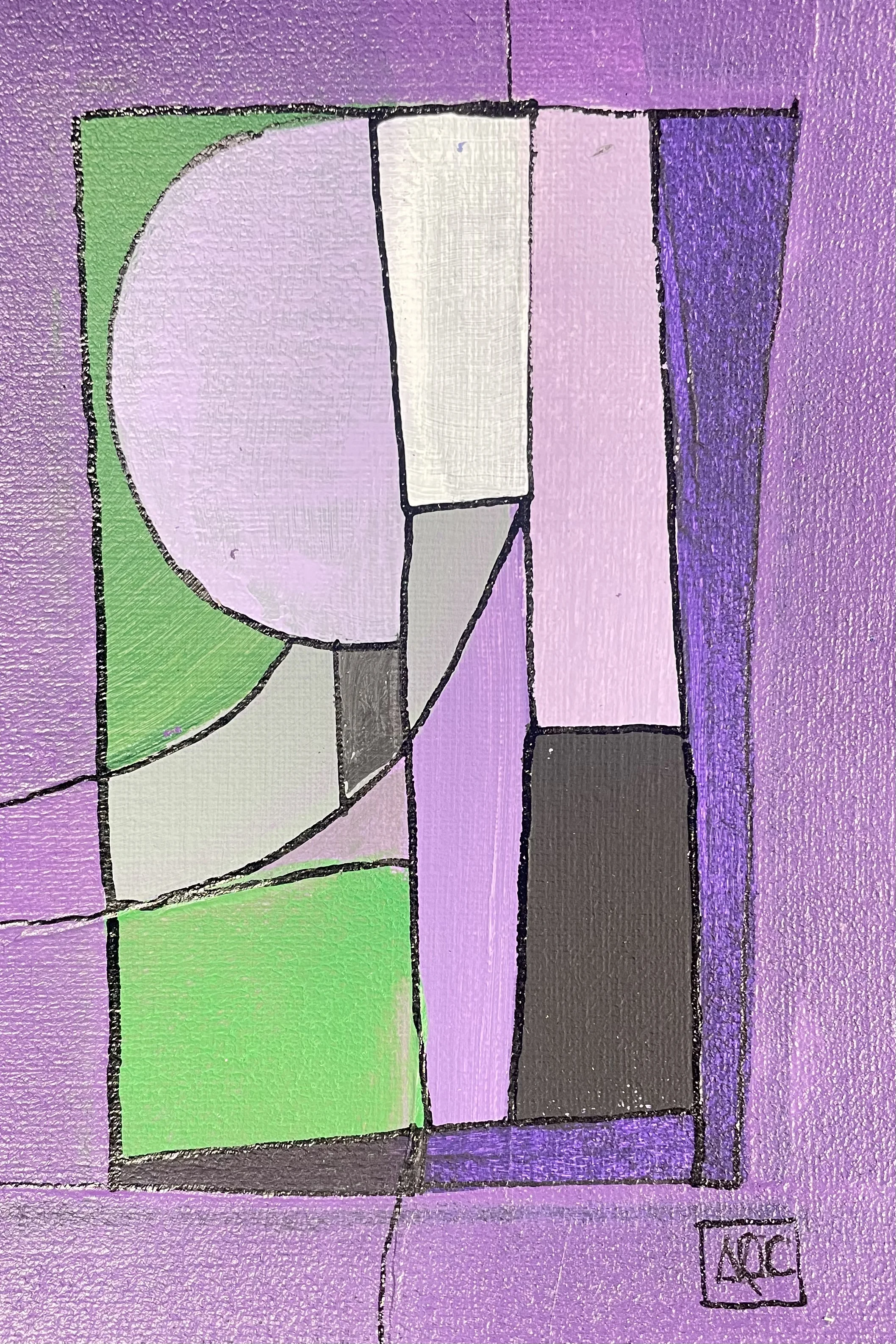 Acrylic painting: red-violet geometric forms with yellow-green accents in black-outlined composition