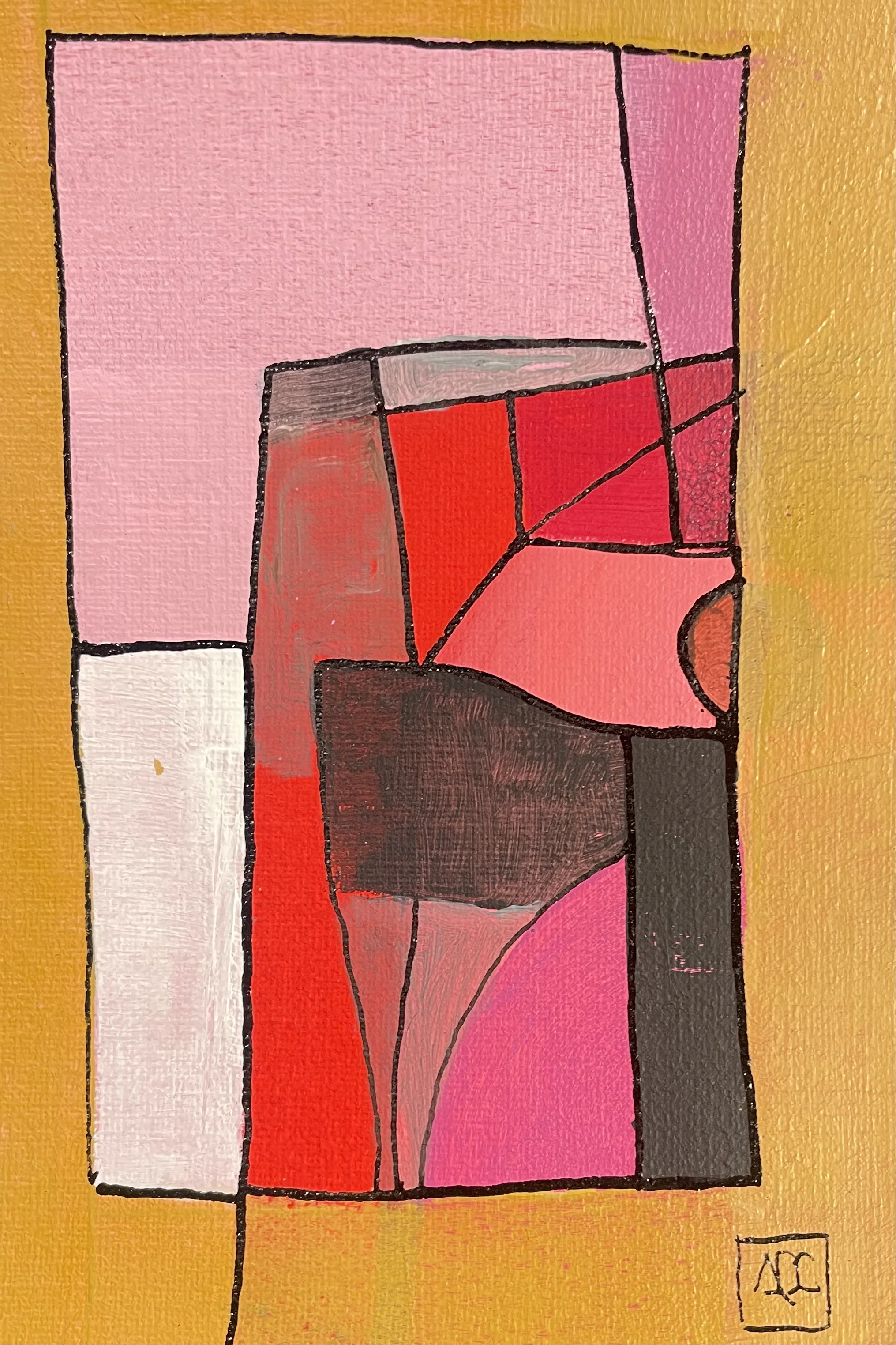 Acrylic painting: geometric sections in yellow-orange, pink, red-orange with dark brown anchors and white accent