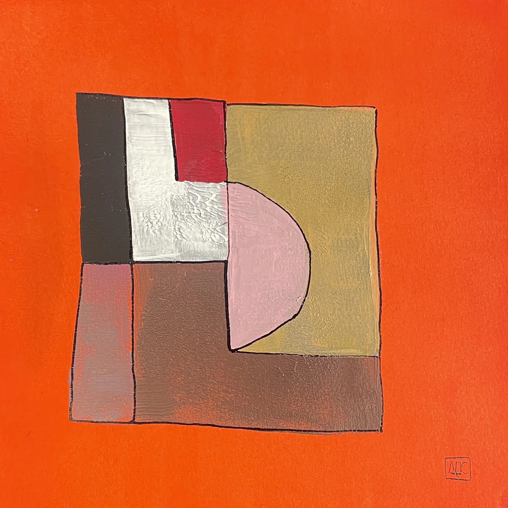 F Major - Variations 11 by Arnaud Quercy at Art Quam Anima — Acrylic Painting on Paper, Square acrylic painting with orange and pink geometric forms on warm background, translating F Major chord into color