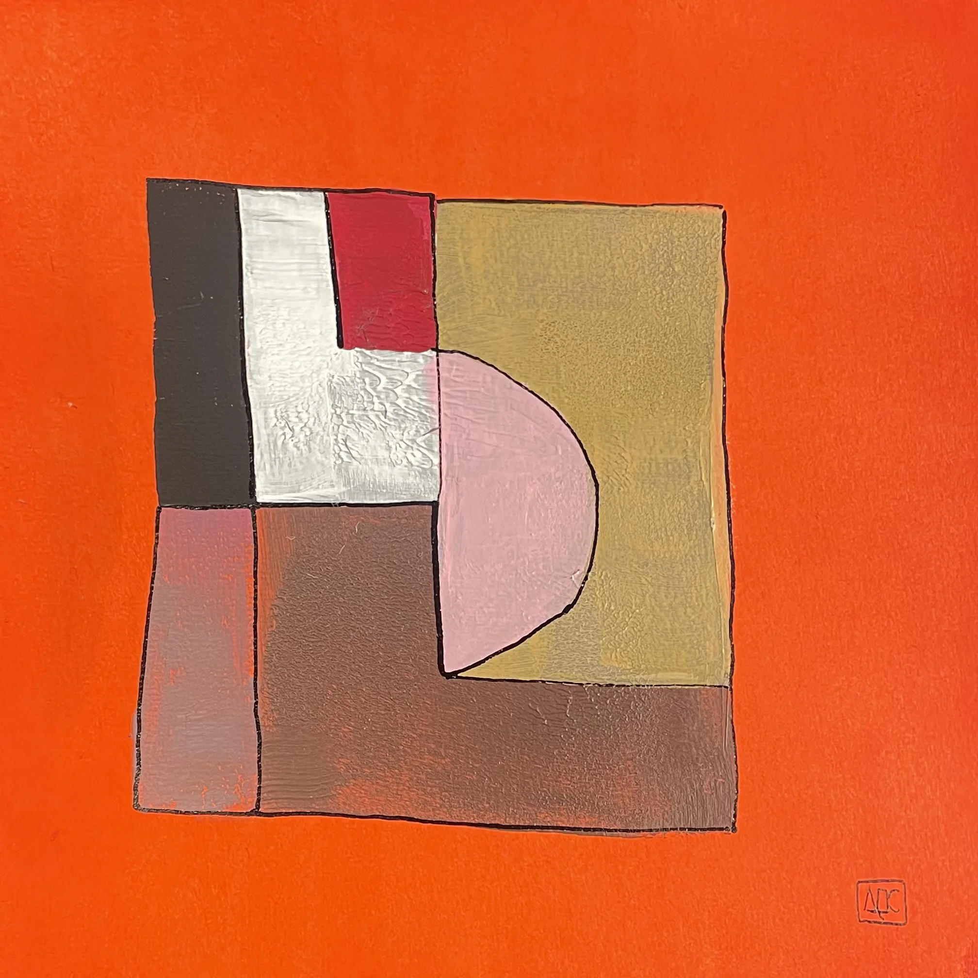Square acrylic painting with orange and pink geometric forms on warm background, translating F Major chord into color