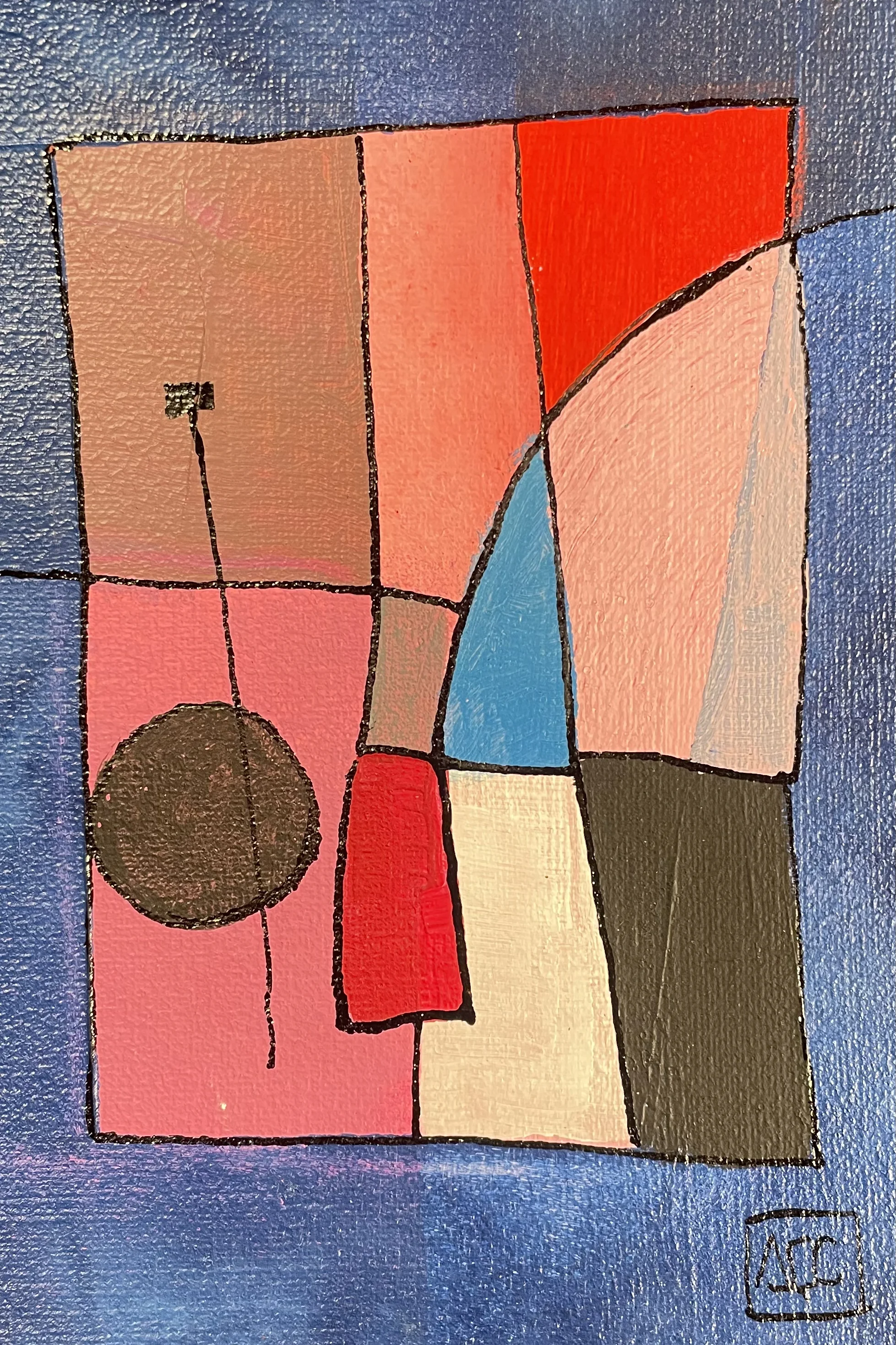 Acrylic painting with geometric color blocks: salmon, blue-violet, orange tones in systematic harmonic arrangement