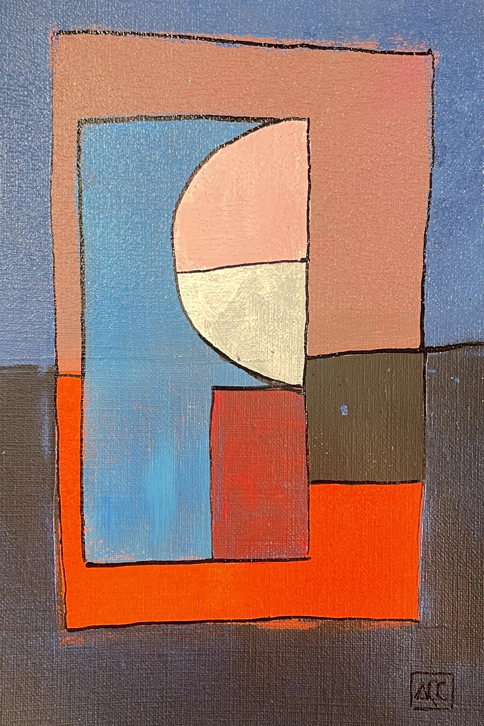 F Minor - Variations 20 by Arnaud Quercy at Art Quam Anima — Acrylic Painting on Paper, Geometric acrylic painting: salmon, blue, and red-orange blocks with semicircular form on dark border