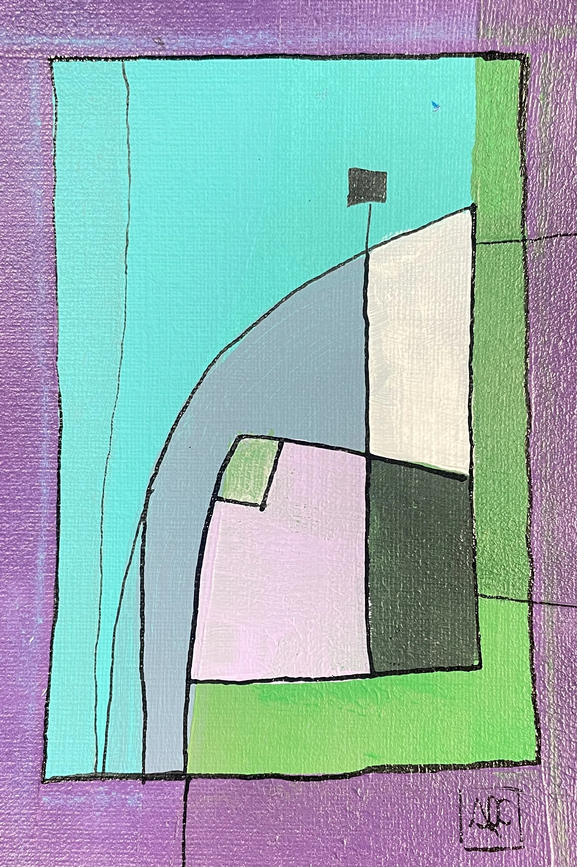 Fa dièse Majeur - Variations 7 par Arnaud Quercy chez Art Quam Anima — peinture acrylique sur papier, Composition acrylique géométrique : formes aquamarine, rouge-violet et bleu-gris arrangées en relations de couleurs harmoniques