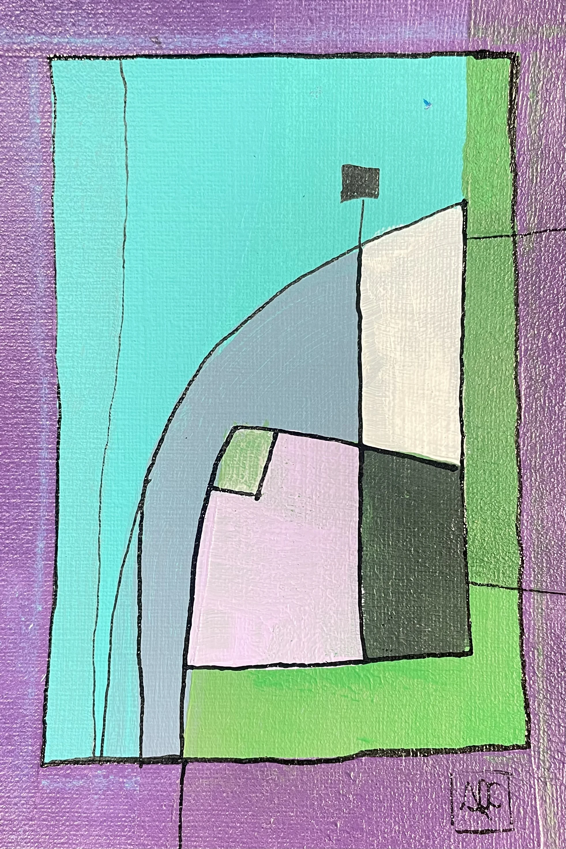 Composition acrylique géométrique : formes aquamarine, rouge-violet et bleu-gris arrangées en relations de couleurs harmoniques