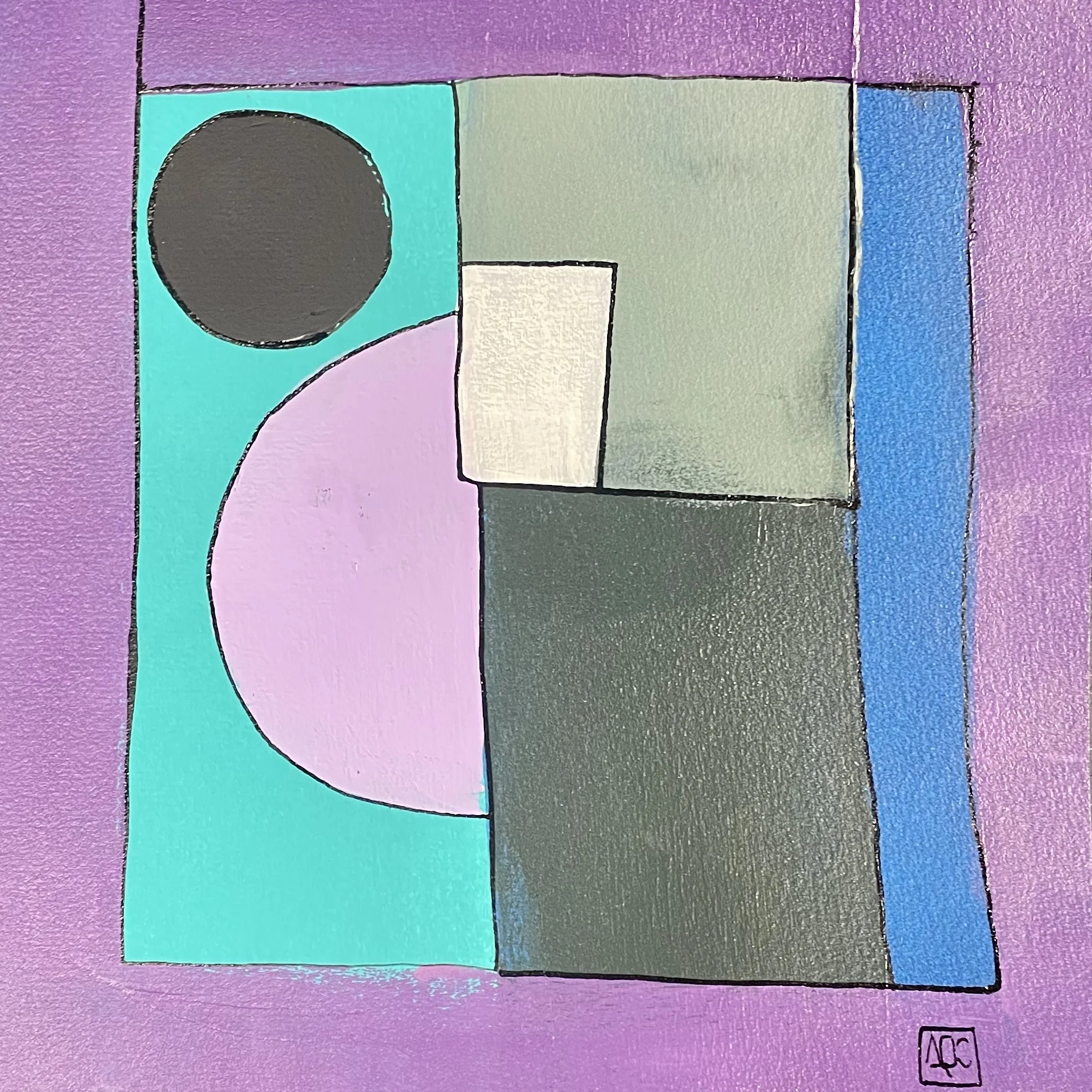 Fa dièse Majeur - Variations 8 par Arnaud Quercy chez Art Quam Anima — peinture acrylique sur papier, Peinture abstraite géométrique : formes rouge-violet, jaune-vert, aigue-marine avec cercle sombre et demi-cercle rose sur fond turquoise
