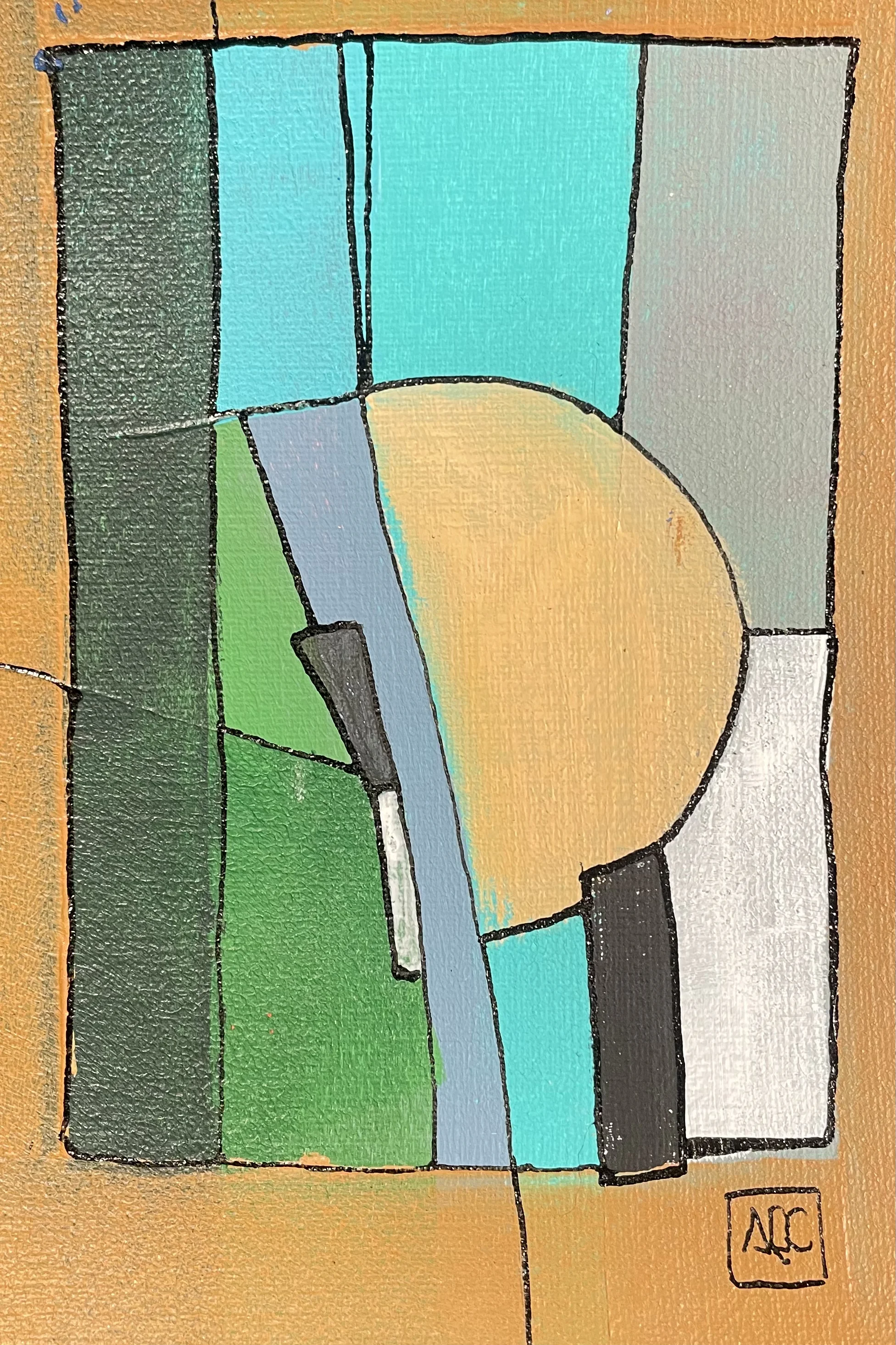 Peinture acrylique avec sections géométriques : tons jaune-vert, vert, orange et bleu en divisions rectangulaires