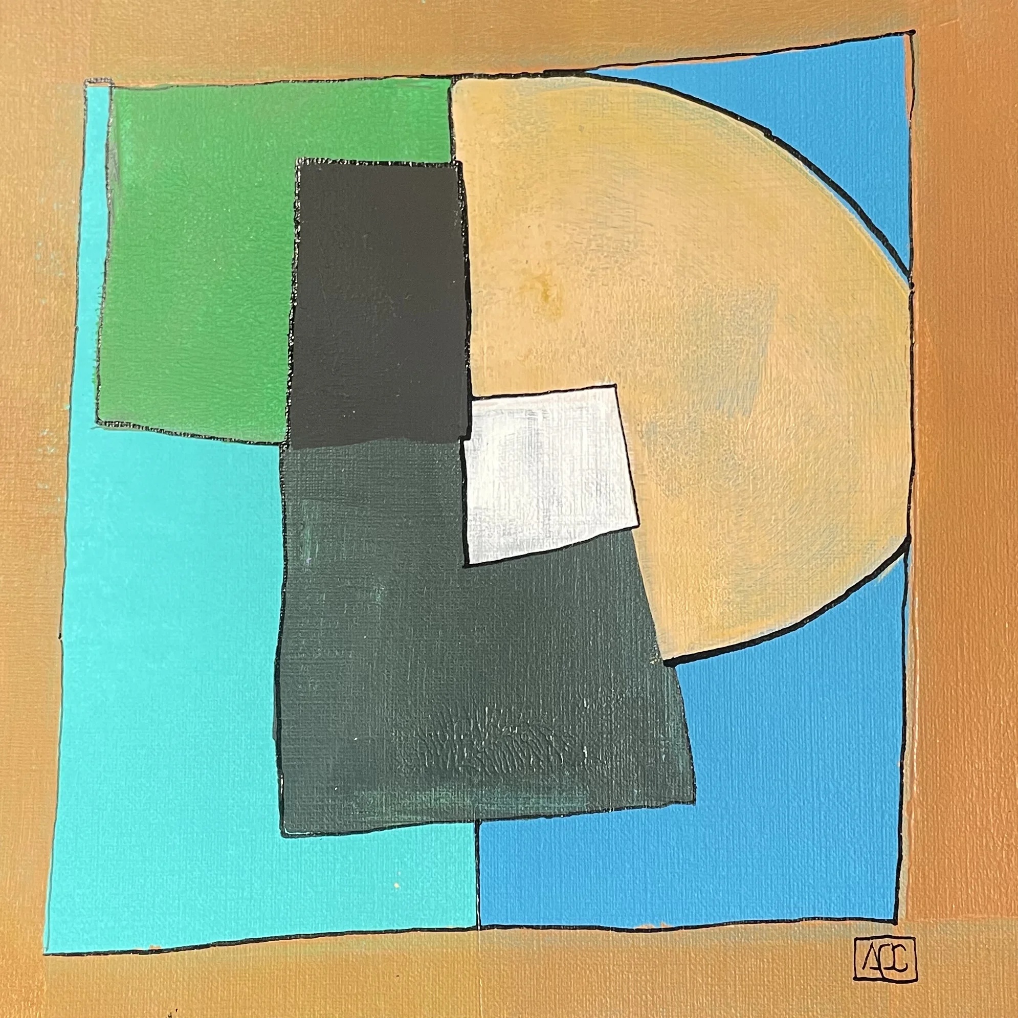 Fa dièse Mineur - Variations 8 par Arnaud Quercy chez Art Quam Anima — peinture acrylique sur papier, Peinture abstraite géométrique : formes rectangulaires jaune-orange, vert, bleu avec forme ocre courbée, acrylique sur papier 21x21cm