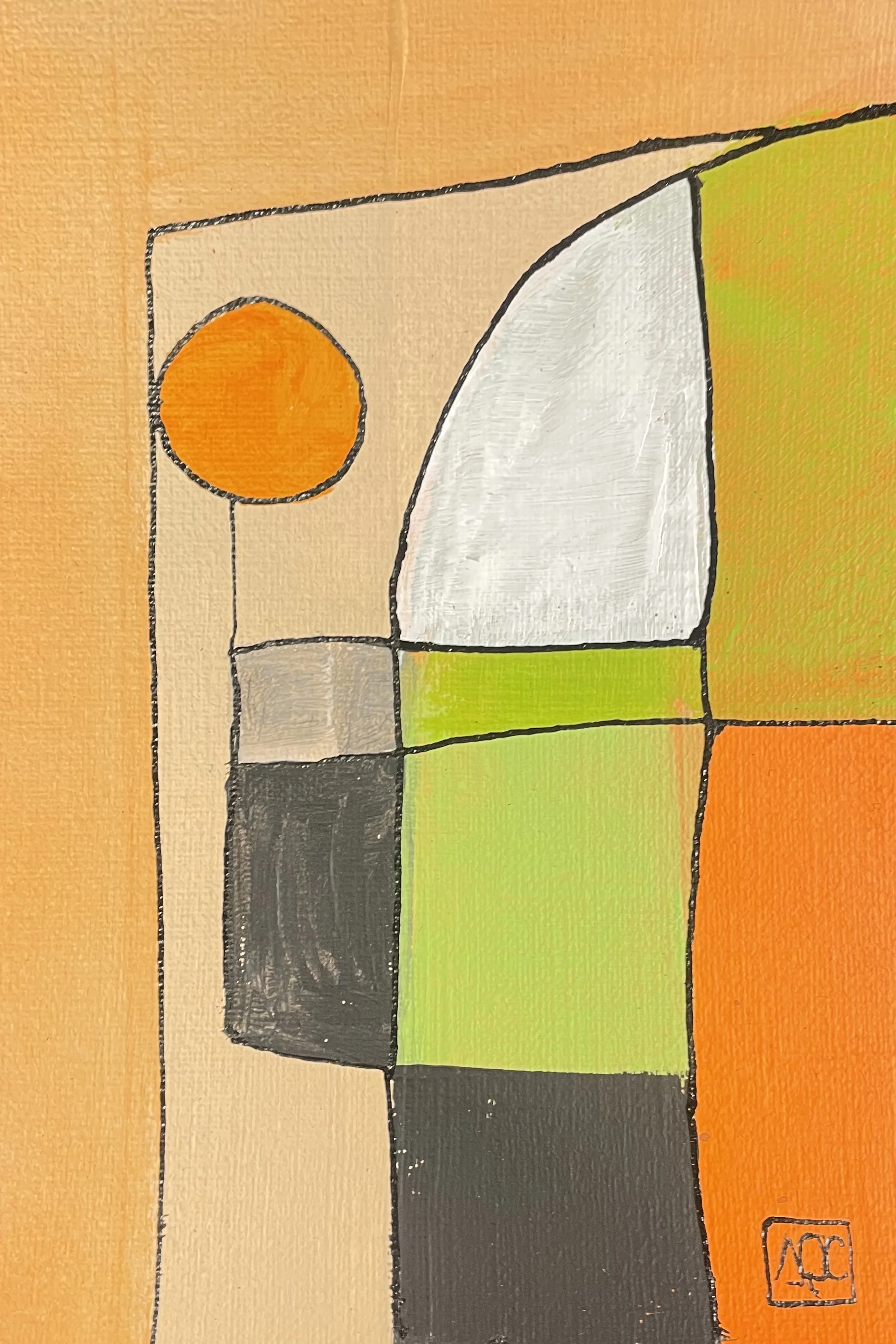 Geometric acrylic painting: yellow-orange and orange rectangles with white curved form and gray accents in structured arrangement