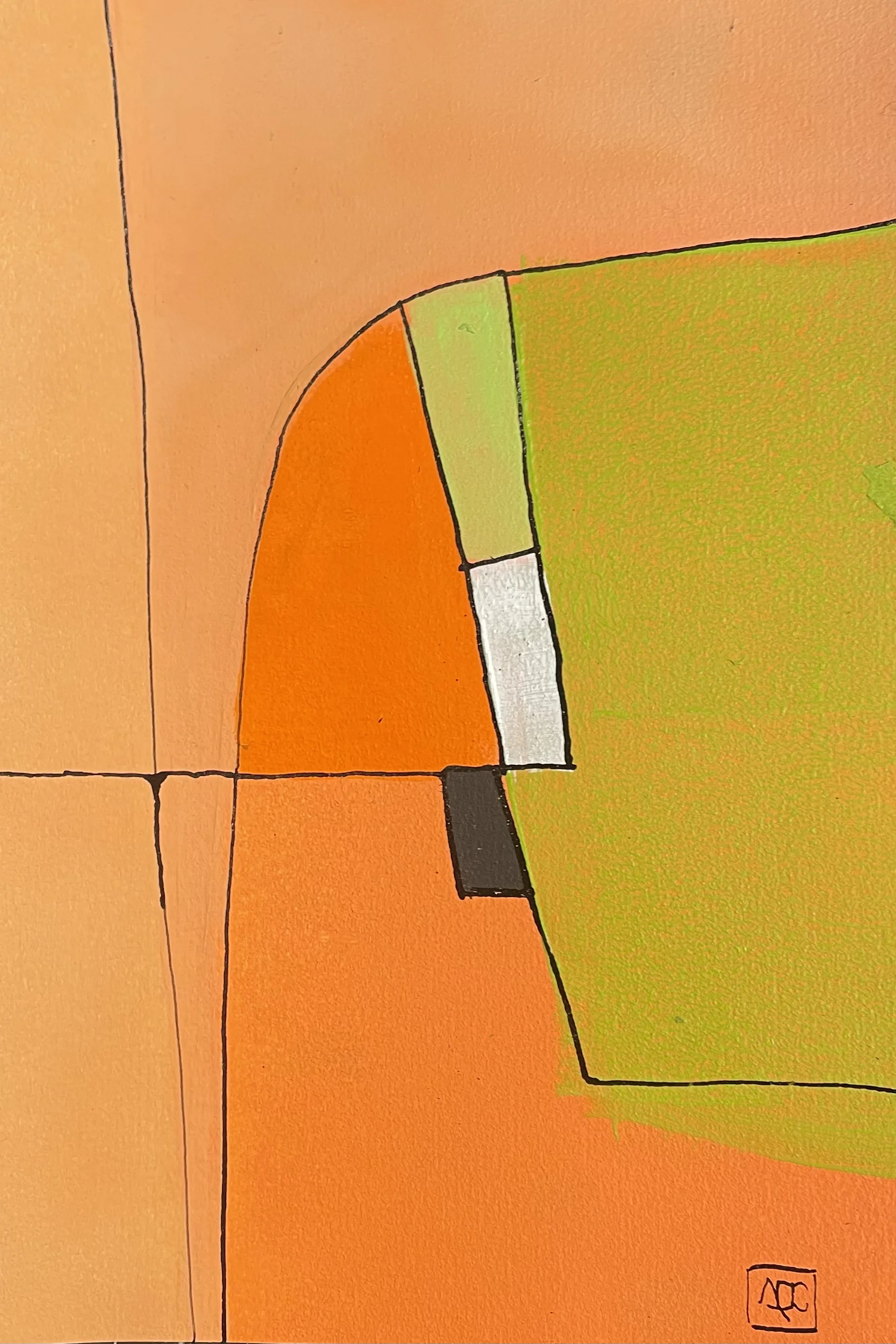 Acrylic painting with orange and yellow-orange geometric forms, red-orange and pale accents creating harmonic color relationships