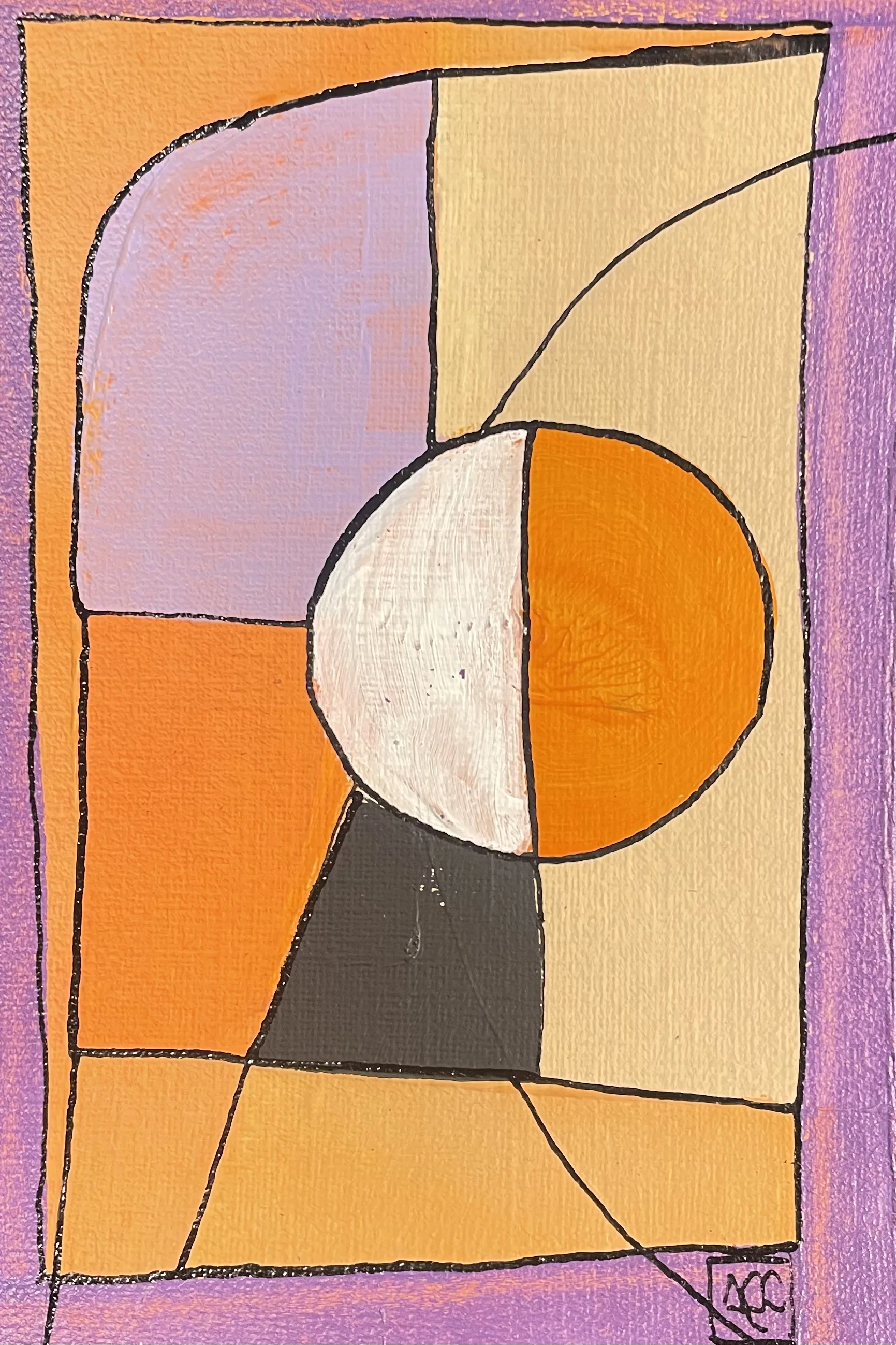 Peinture acrylique avec sections géométriques en tons jaune-orange, orange et rouge-violet divisées par des lignes noires