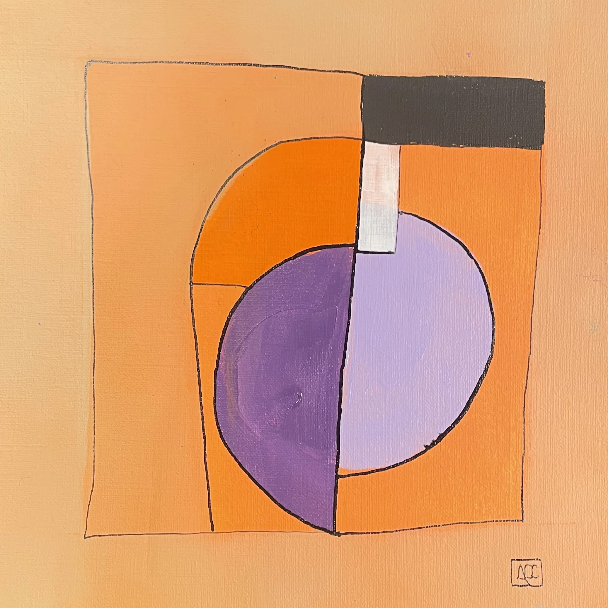 G Minor - Variations 12 by Arnaud Quercy at Art Quam Anima — Acrylic Painting on Paper, Acrylic painting: orange ground with purple circle, dark rectangle, and geometric forms on square paper