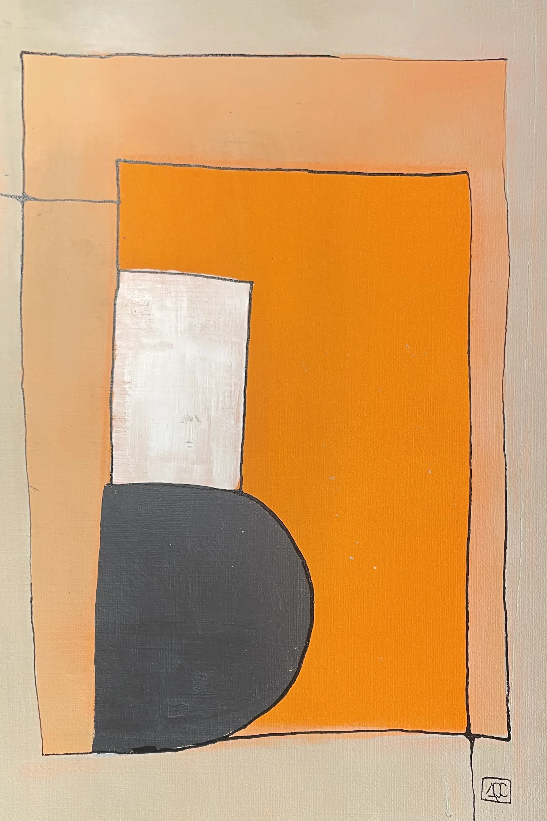 Acrylic painting: orange geometric forms with dark gray semicircle on neutral background, exploring octave relationships