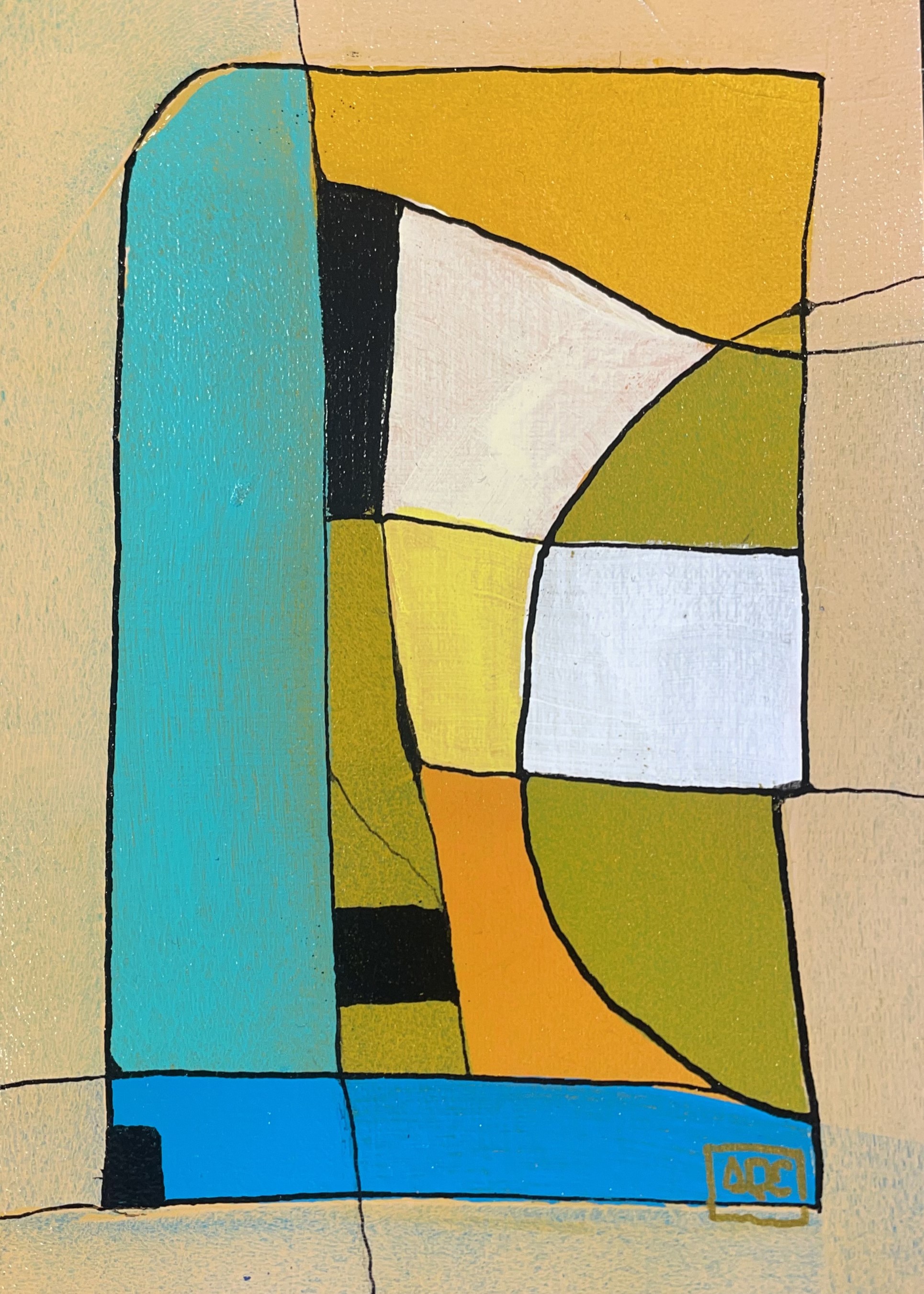 Acrylic on paper: yellow-orange, blue-green, and yellow geometric blocks with dark outlines on vertical format