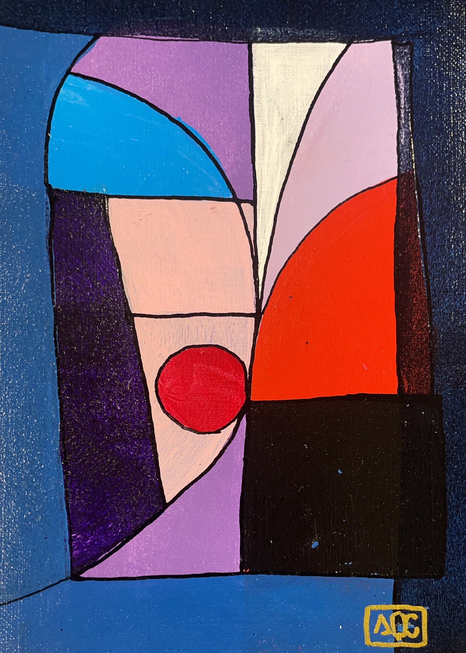 Composition géométrique avec courbes bleu-violet, sections violettes, accents rouge-orange et détail turquoise sur papier