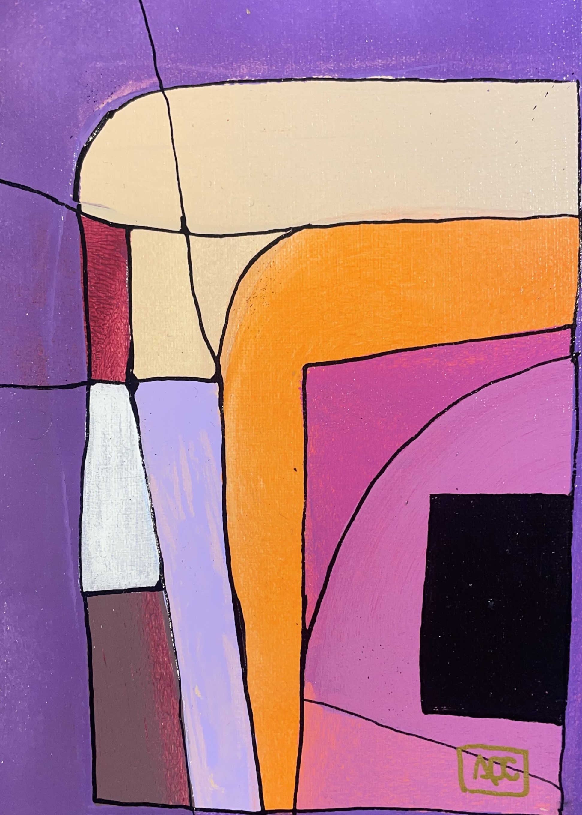 Peinture acrylique avec formes géométriques en violet, orange, jaune-orange, et rouge-violet arrangées en composition structurée