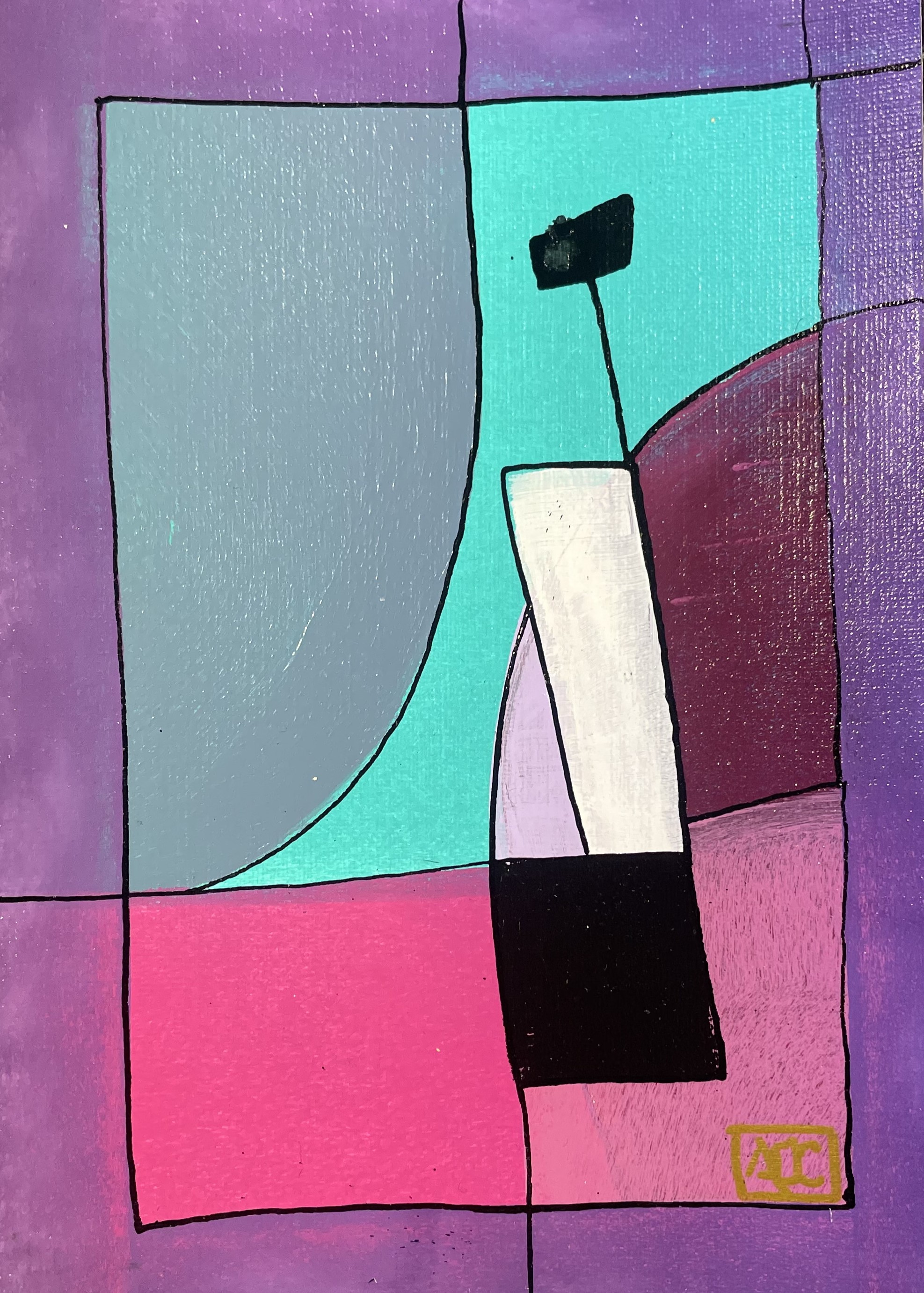 Peinture acrylique : blocs de couleur géométriques en rouge-violet, gris acier, turquoise avec ancres noires